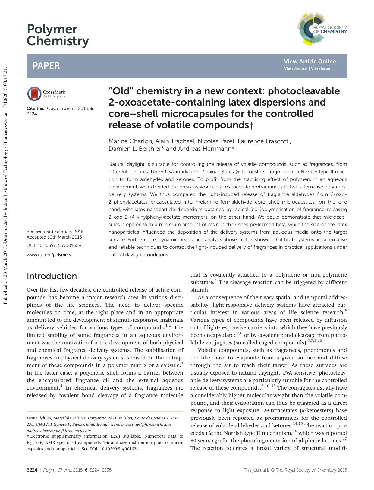 âOldâ chemistry in a new context: photocleavable 2-oxoacetate-containing latex dispersions and coreâshell microcapsules for the controlled release of volatile compounds by unknow