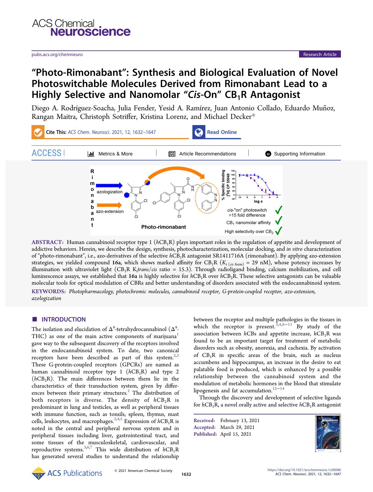 âPhoto-Rimonabantâ: Synthesis and Biological Evaluation of Novel Photoswitchable Molecules Derived from Rimonabant Lead to a Highly Selective and Nanomolar âCis-Onâ CB1R Antagonist by unknow