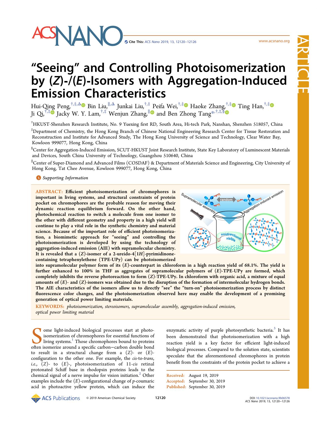 âSeeingâ and Controlling Photoisomerization by (Z)-(E)-Isomers with Aggregation-Induced Emission Characteristics by unknow