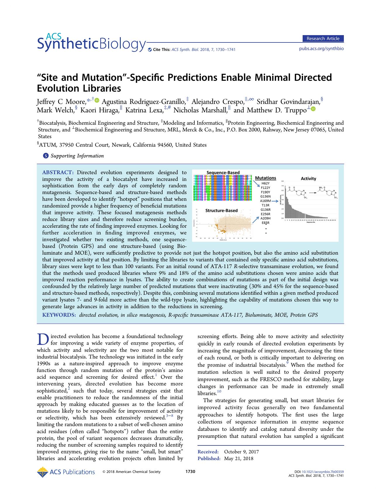 âSite and Mutationâ-Specific Predictions Enable Minimal Directed Evolution Libraries by unknow