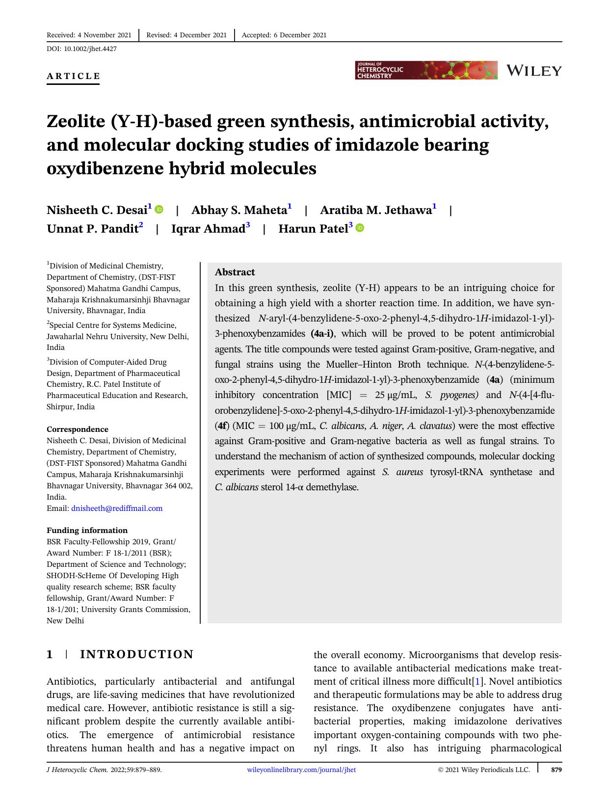 âZeolite (Y-H) based green synthesis, antimicrobial activity, and molecular docking studies of imidazole bearing oxydibenzene hybrid moleculesâ by Unknown