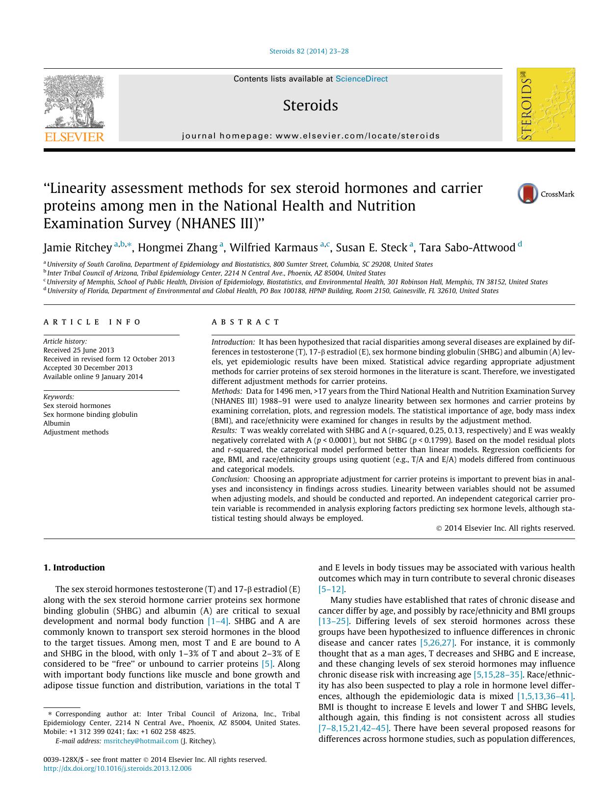 â€œLinearity assessment methods for sex steroid hormones and carrier proteins among men in the National Health and Nutrition Examination Survey (NHANES III)â€• by Jamie Ritchey & Hongmei Zhang & Wilfried Karmaus & Susan E. Steck & Tara Sabo-Attwood