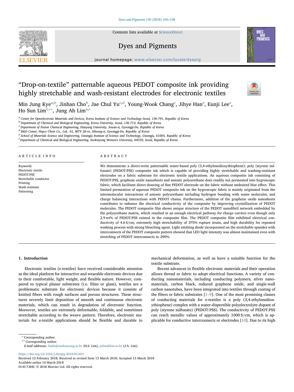 “Drop-on-textile” patternable aqueous PEDOT composite ink providing highly stretchable and wash-resistant electrodes for electronic textiles by unknow