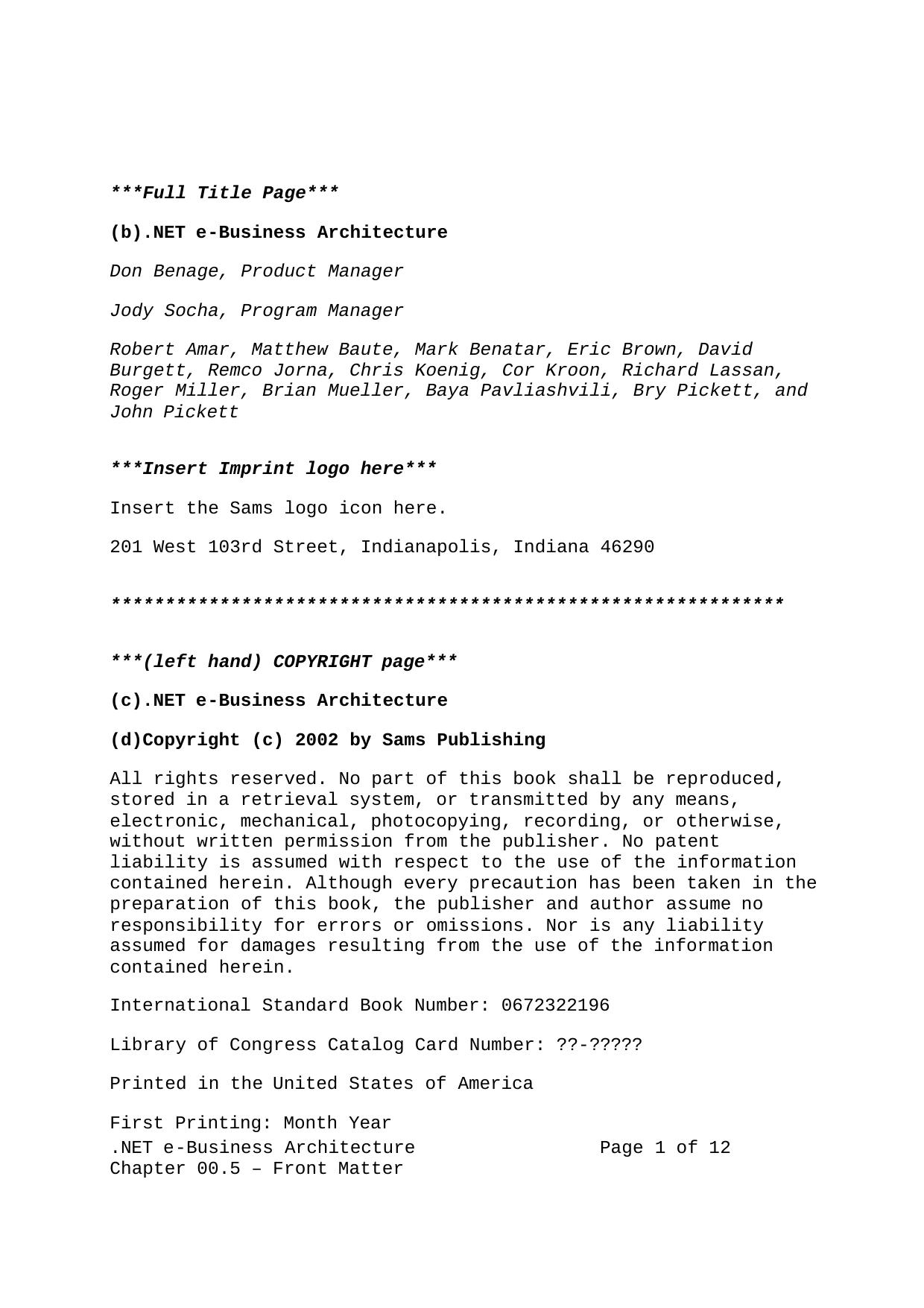 .NET e-Business Architecture by et al David Burgett