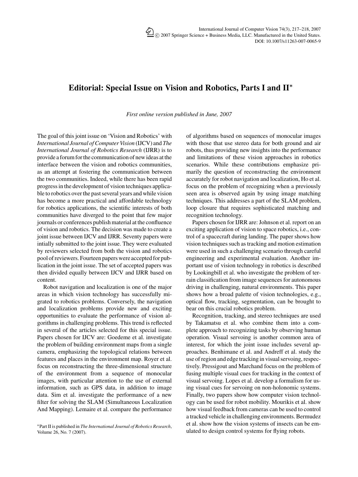 0-Editorial Special Issue on Vision and Robotics, Parts I and II by Unknown