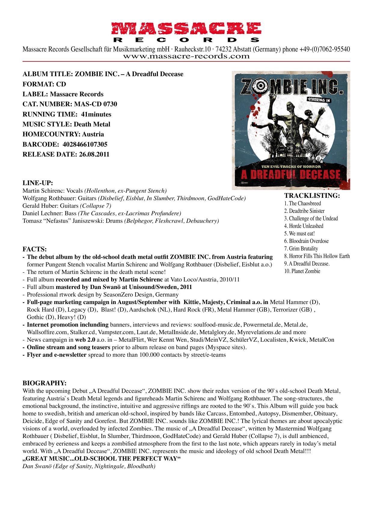 00. Zombie Inc. - A Dreadful Decease by 2011 Info