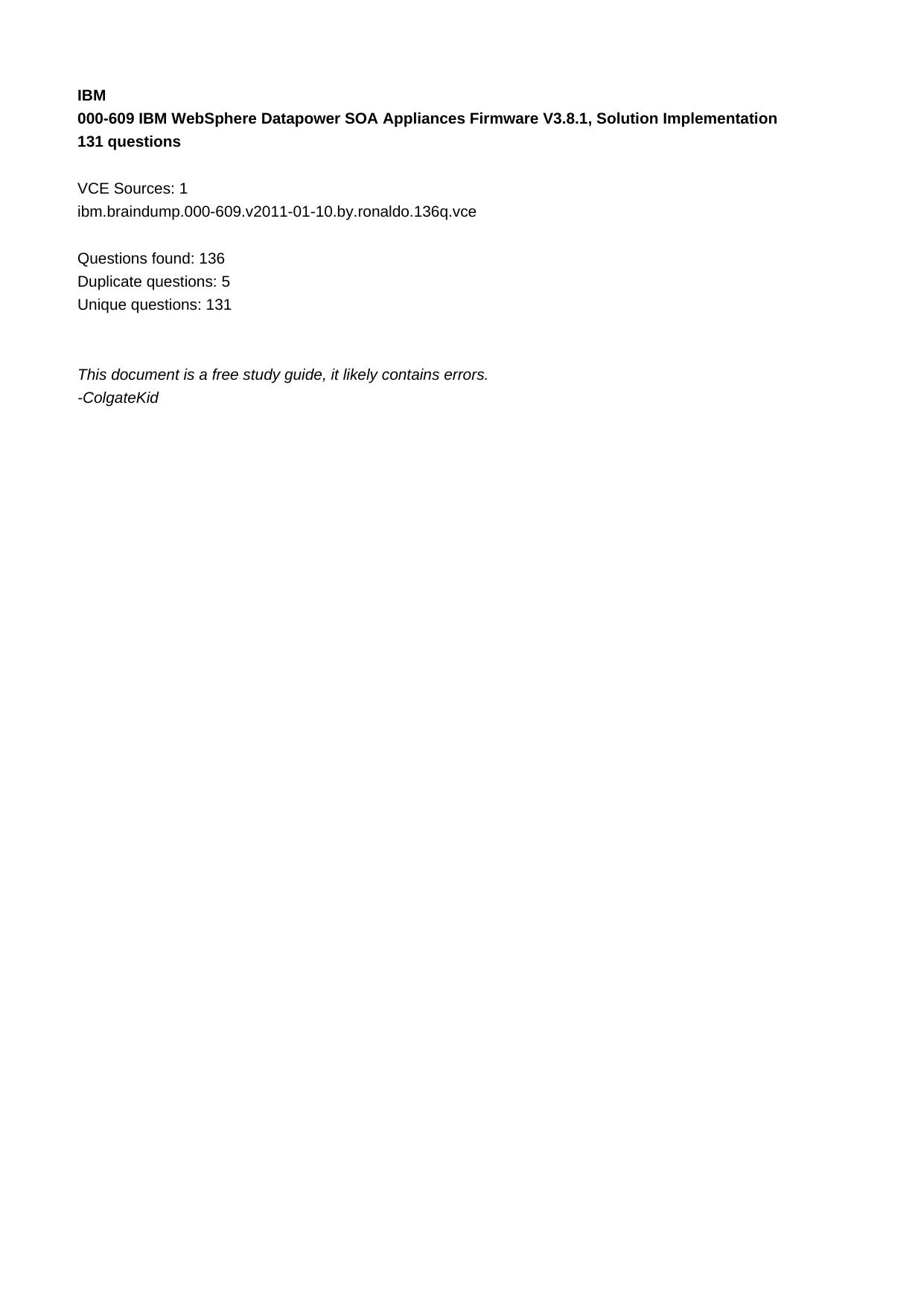 000-609 IBM WebSphere Datapower SOA Appliances Firmware V3.8.1, Solution Implementation by Unknown