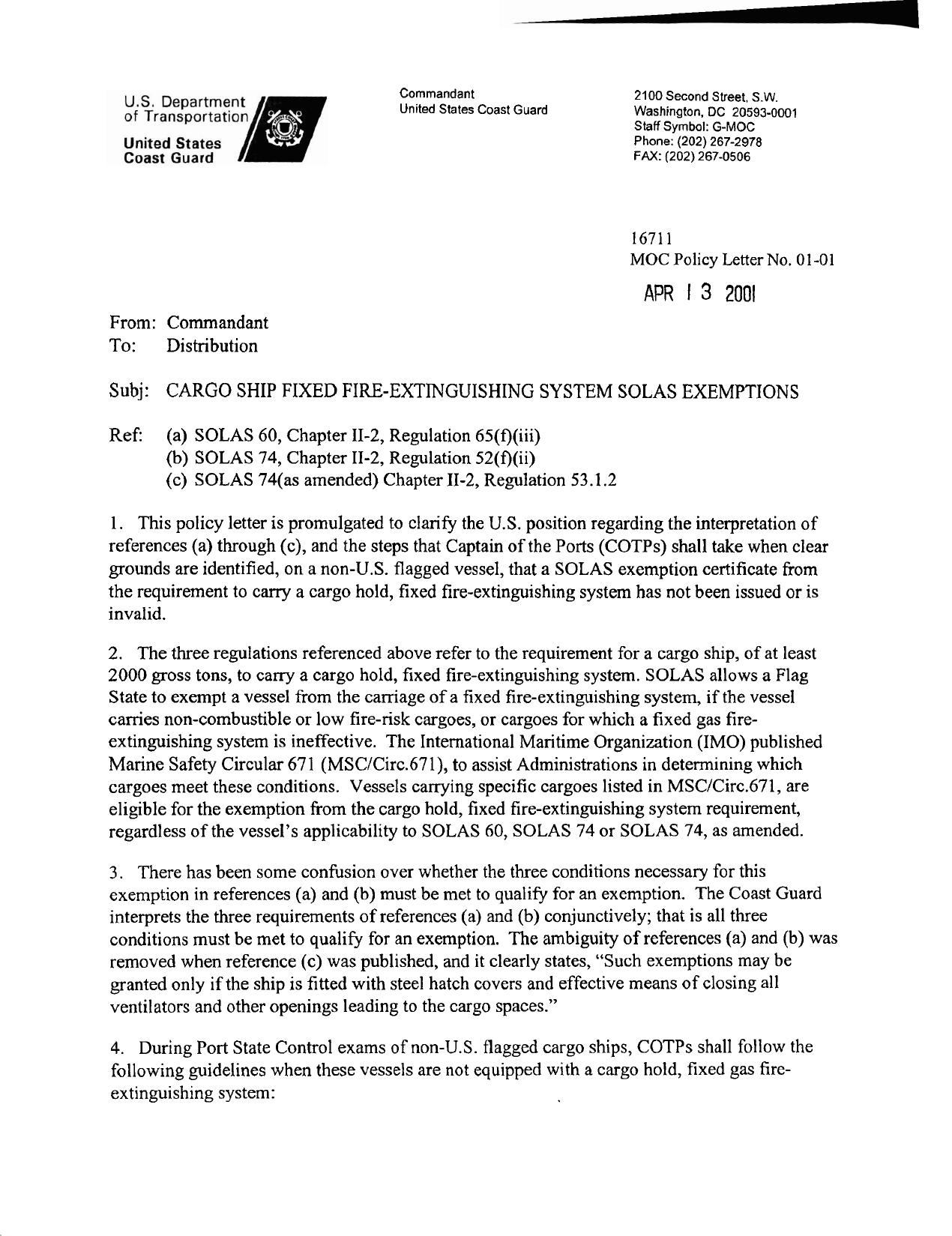 01-01 - Cargo Ship Fixed Fire-Extinguishing System SOLAS Exemptions by Redistributed by Regs4ships Ltd