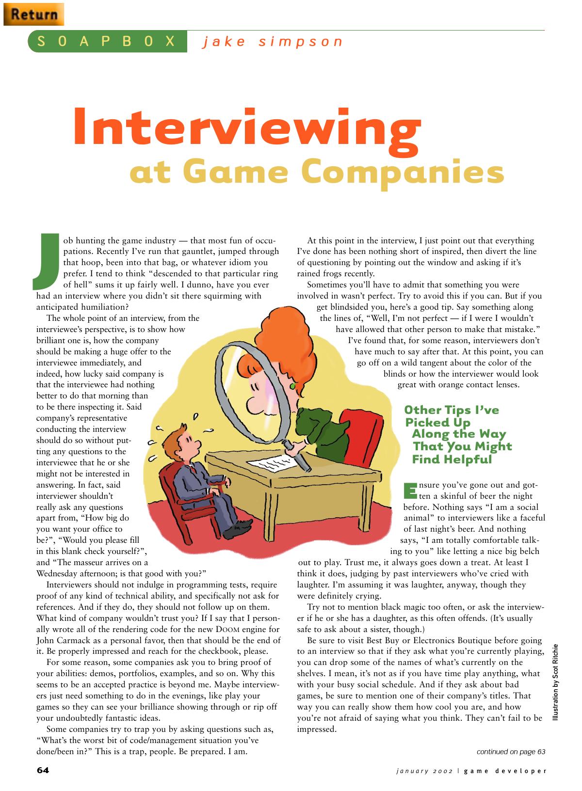 012002: Soapbox: Interviewing at Game Companies by Unknown