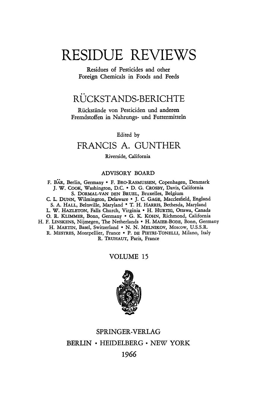 015. Residue Reviews by Residues of Pesticides & other Foreign Chemicals in Foods & Feeds (1966)