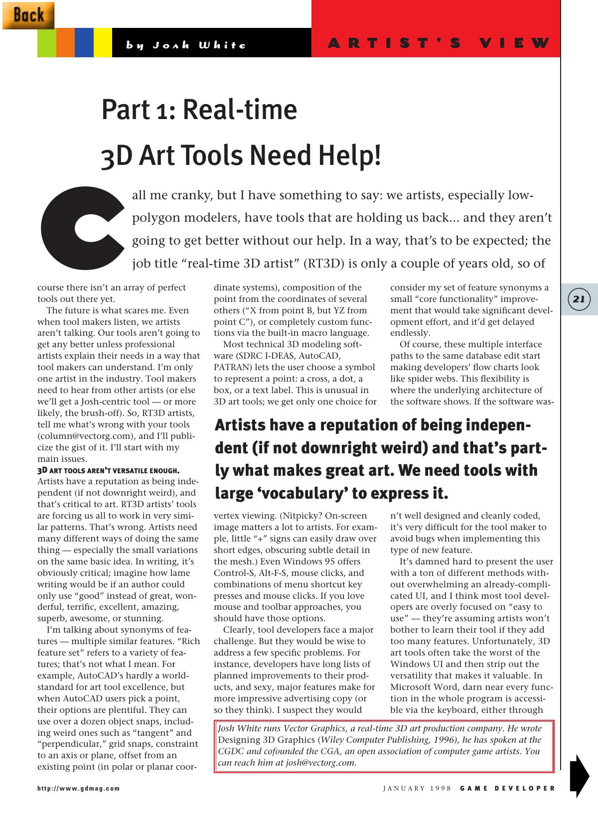 0198: Artist's View: Part 1: Real-time 3D Art Tools Need Help! by Unknown