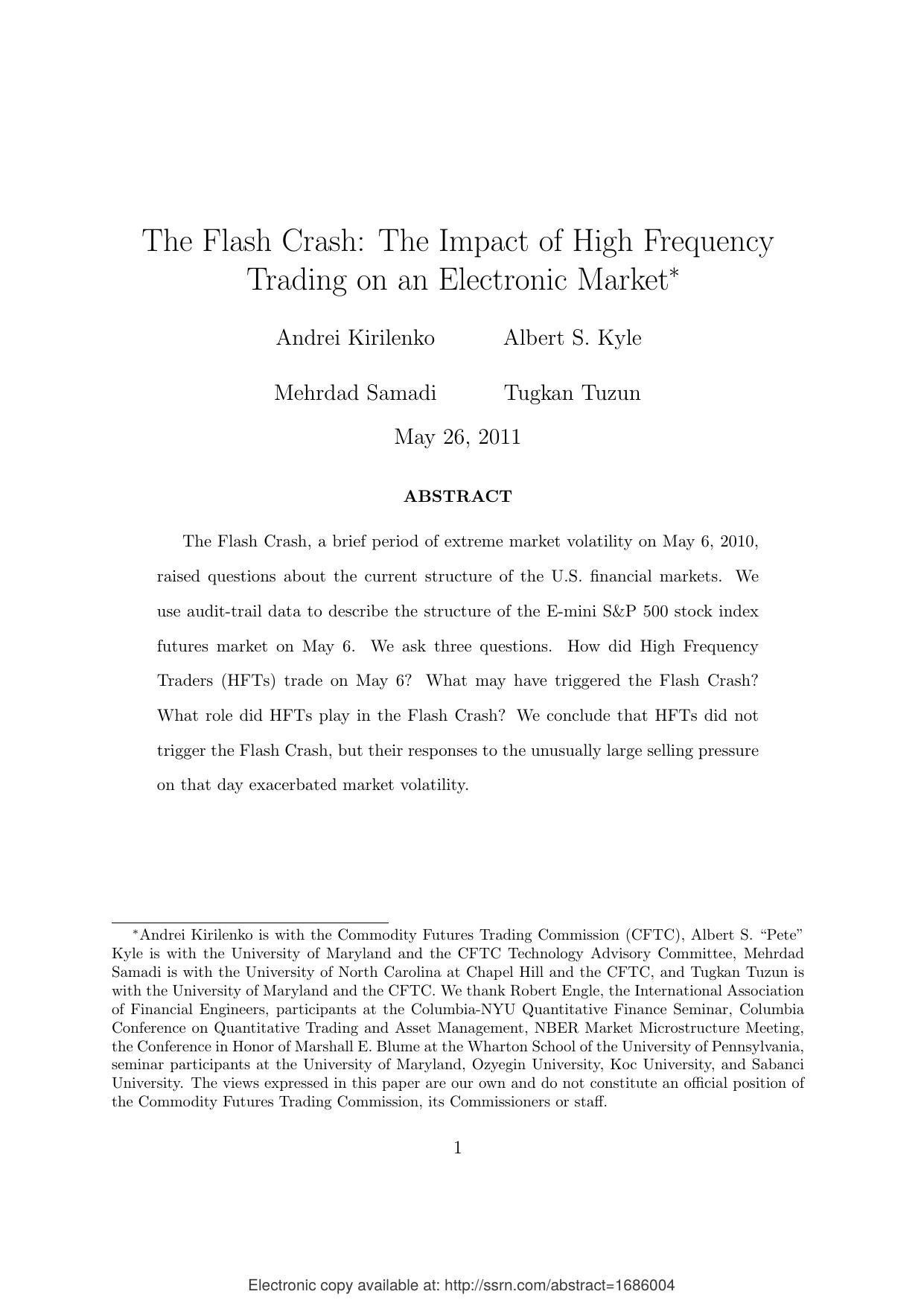 0254 The Flash Crash The Impact of High Frequency Trading on an Electronic Market by Unknown