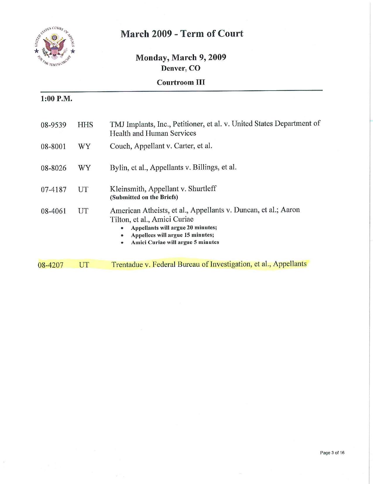 03-09-09, 10th Circuit schedule of cases by Unknown