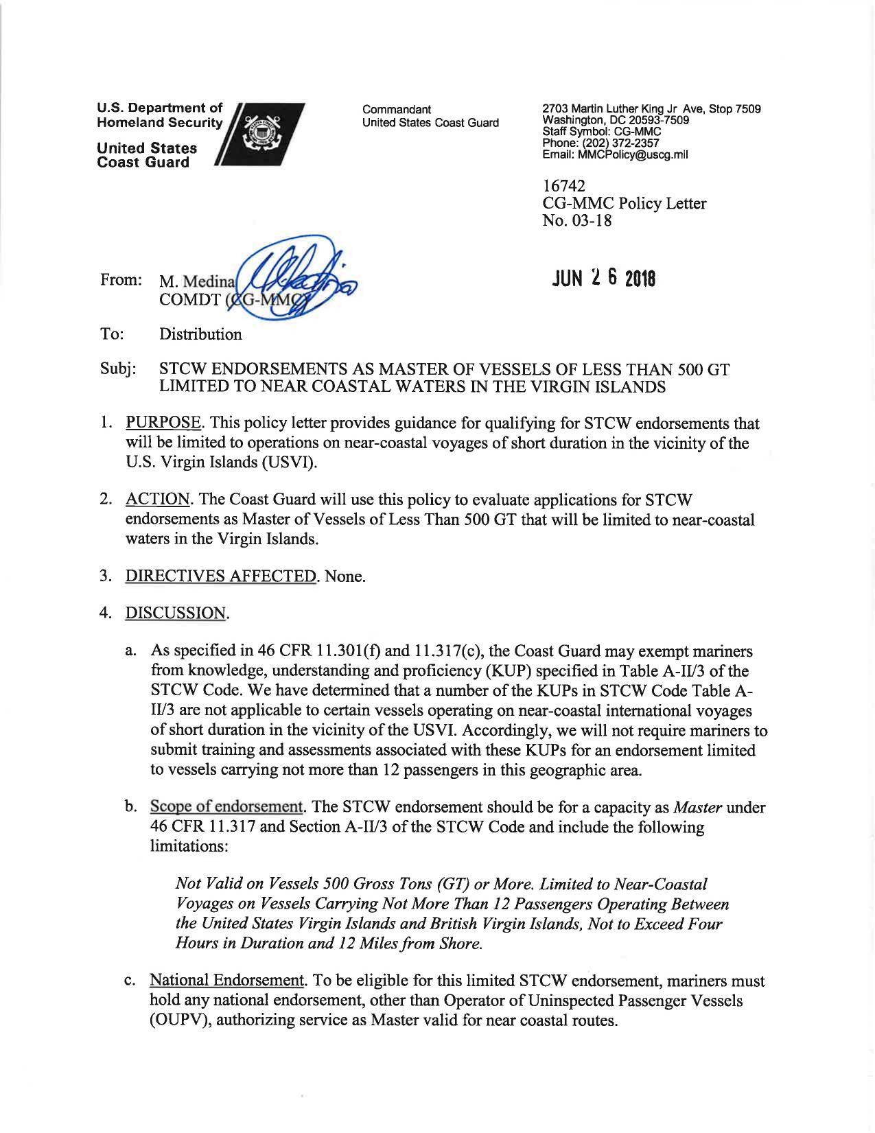 03-18 - STCW Endorsements as Master of Vessels of Less than 500 GT Limited to Near Coastal Waters in the Virgin Islands by Redistributed by Regs4ships Ltd