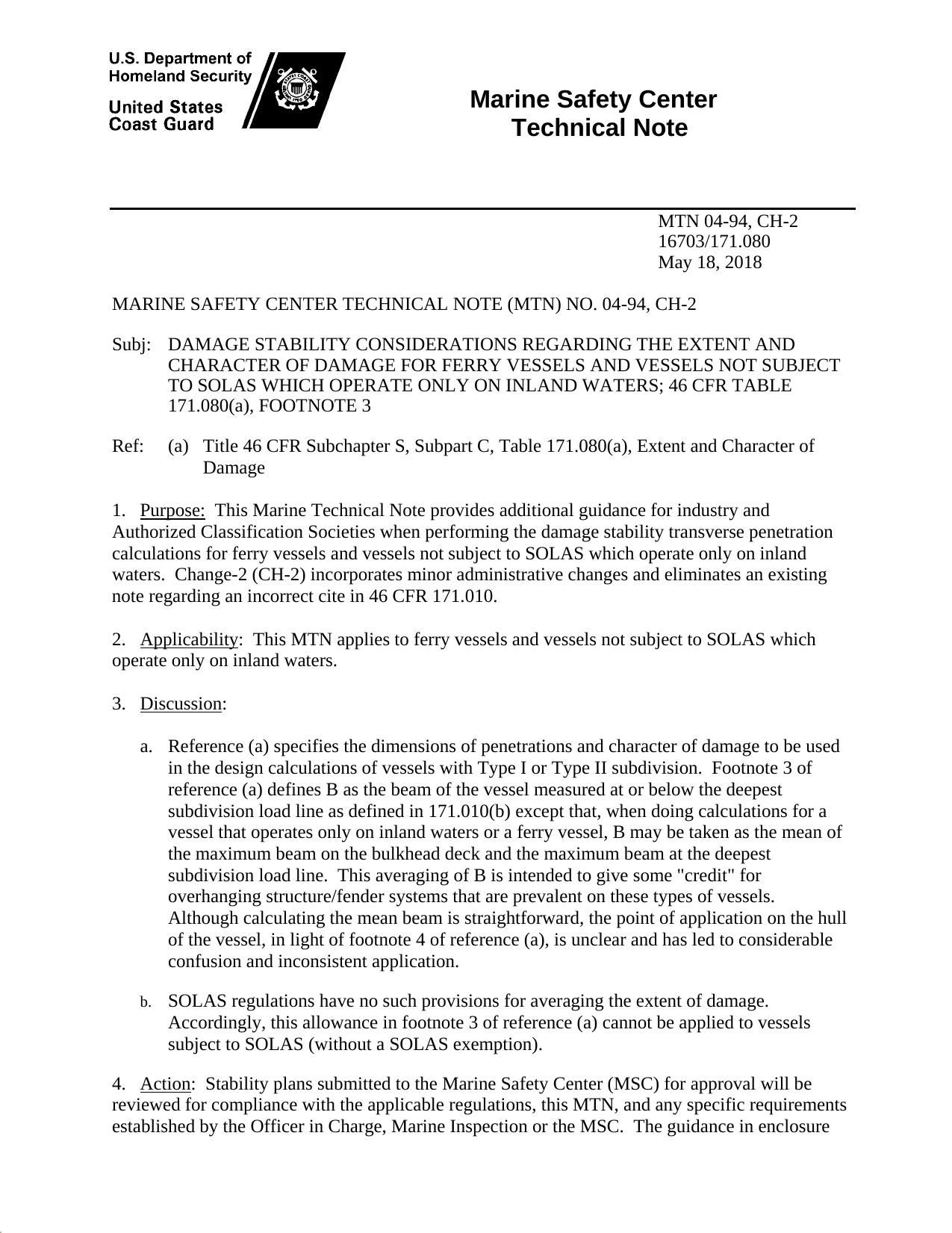 04-94 - CH-2 - Damage Stability Considerations Regarding the Extent and Character of Damage for Ferry Vessels And Vessels Not Subject to SOLAS which Operate Only on Inland Waters; by DLCrede