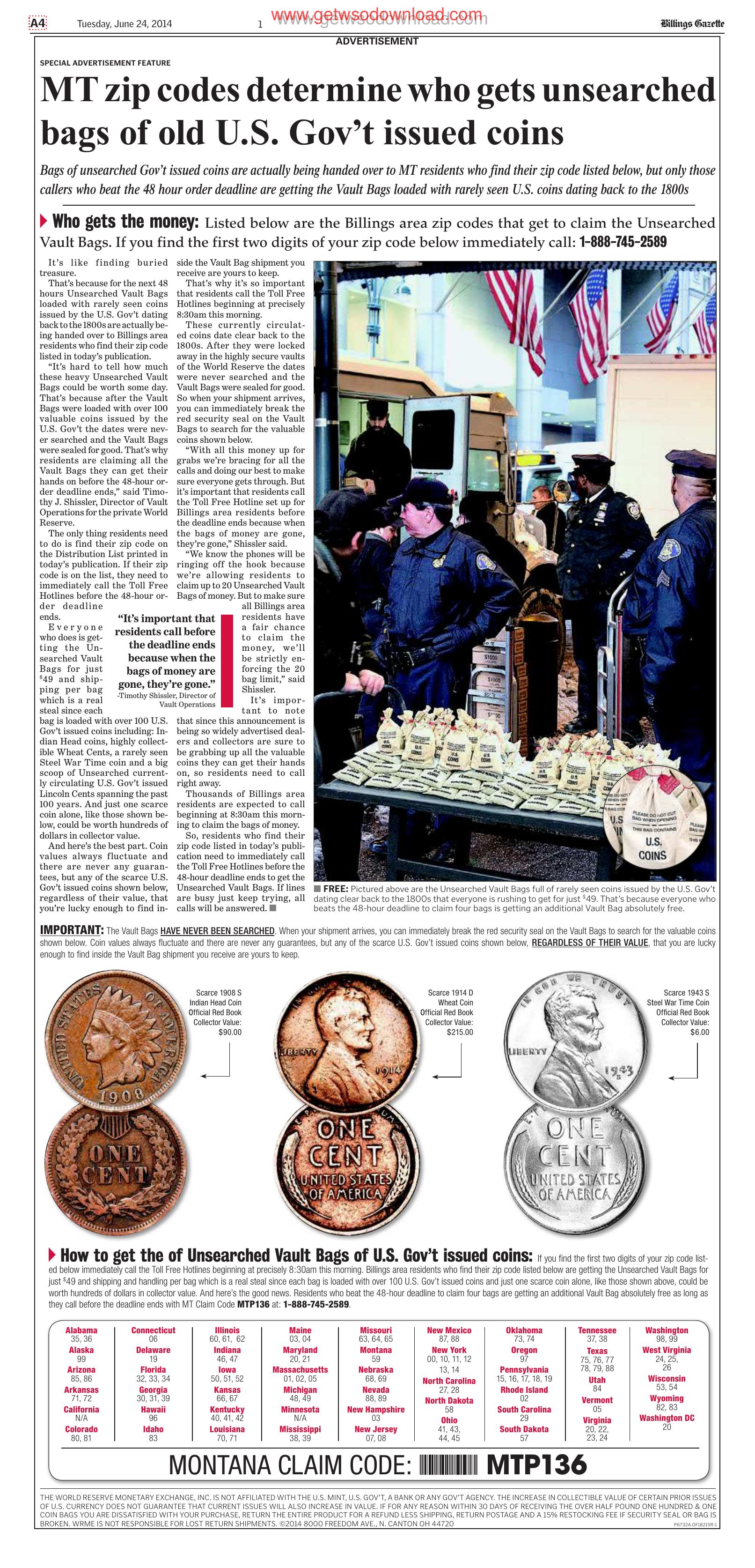 05 MT zip codes determine who gets unsearched bags of old US Govt issued coins by Unknown
