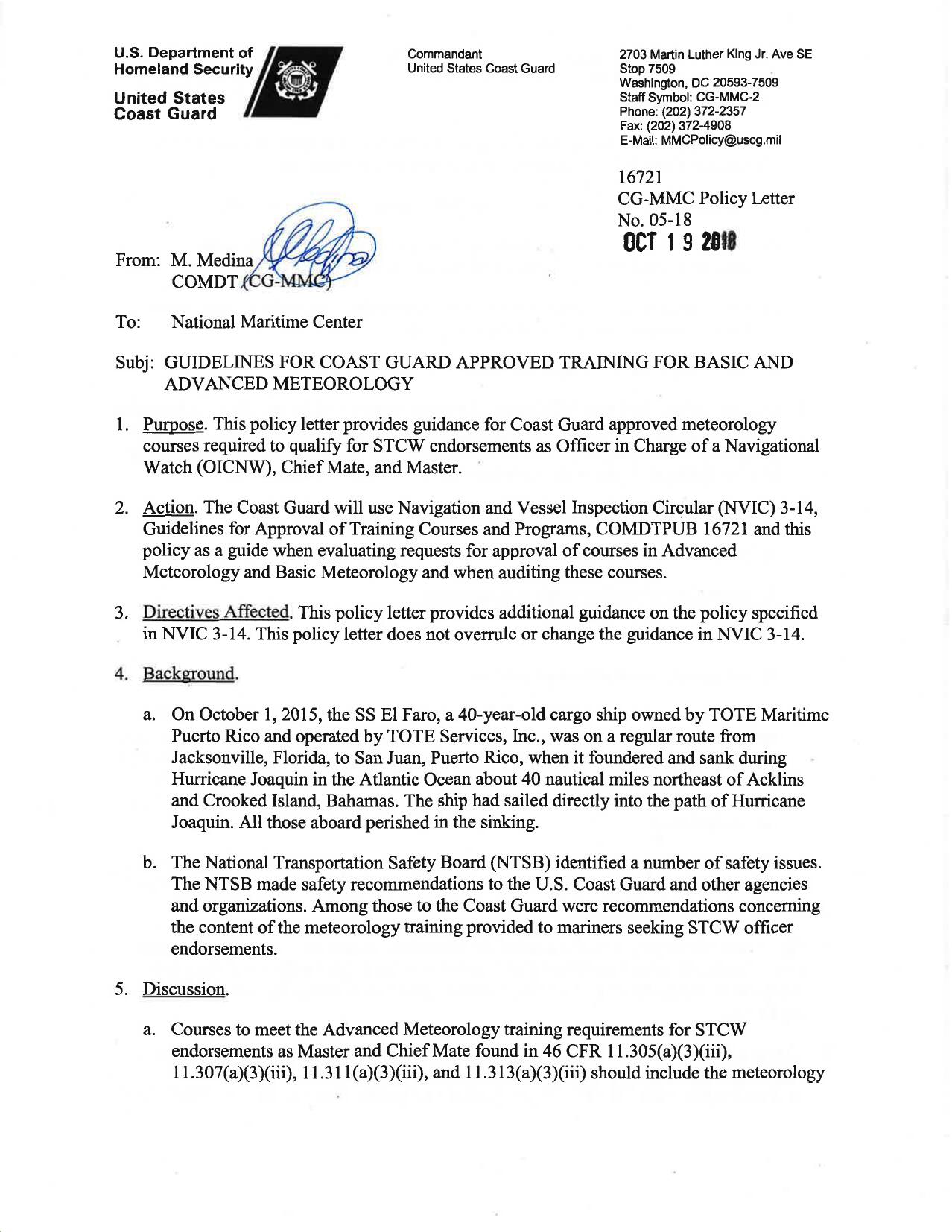 05-18 - Guidelines for Coast Guard Approved Training for Basic and Advanced Meteorology by Redistributed by Regs4ships Ltd