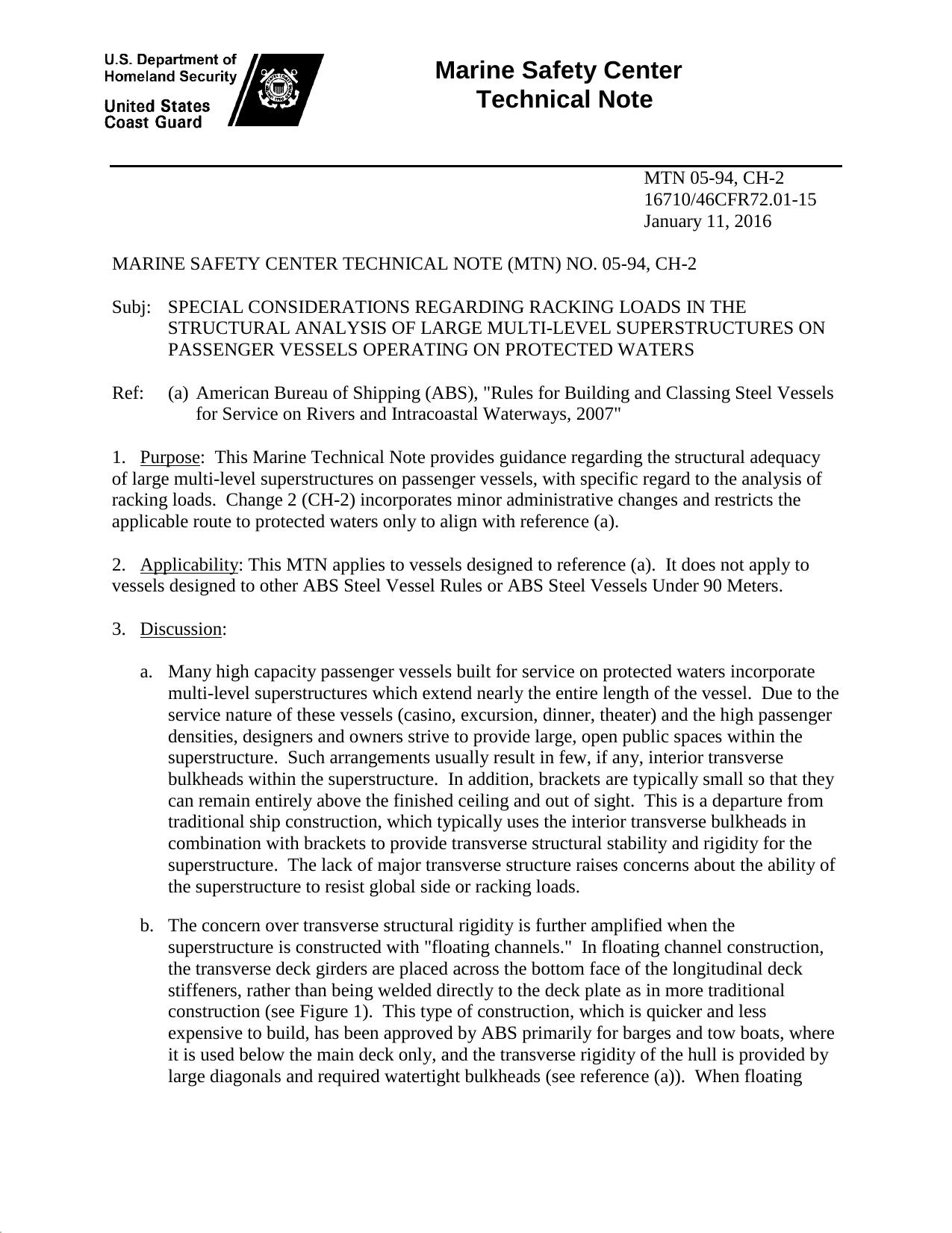 05-94 - CH-2 - Special Considerations Regarding Racking Loads in the Structural Analysis of Large Multi-Level Superstructures on Passenger Vessels Operating on Protected Waters by jreynolds