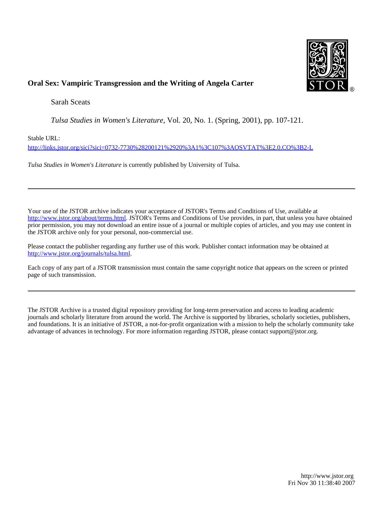 06. Oral Sex. Vampiric Transgression and the Writing of Angela Carter by Unknown