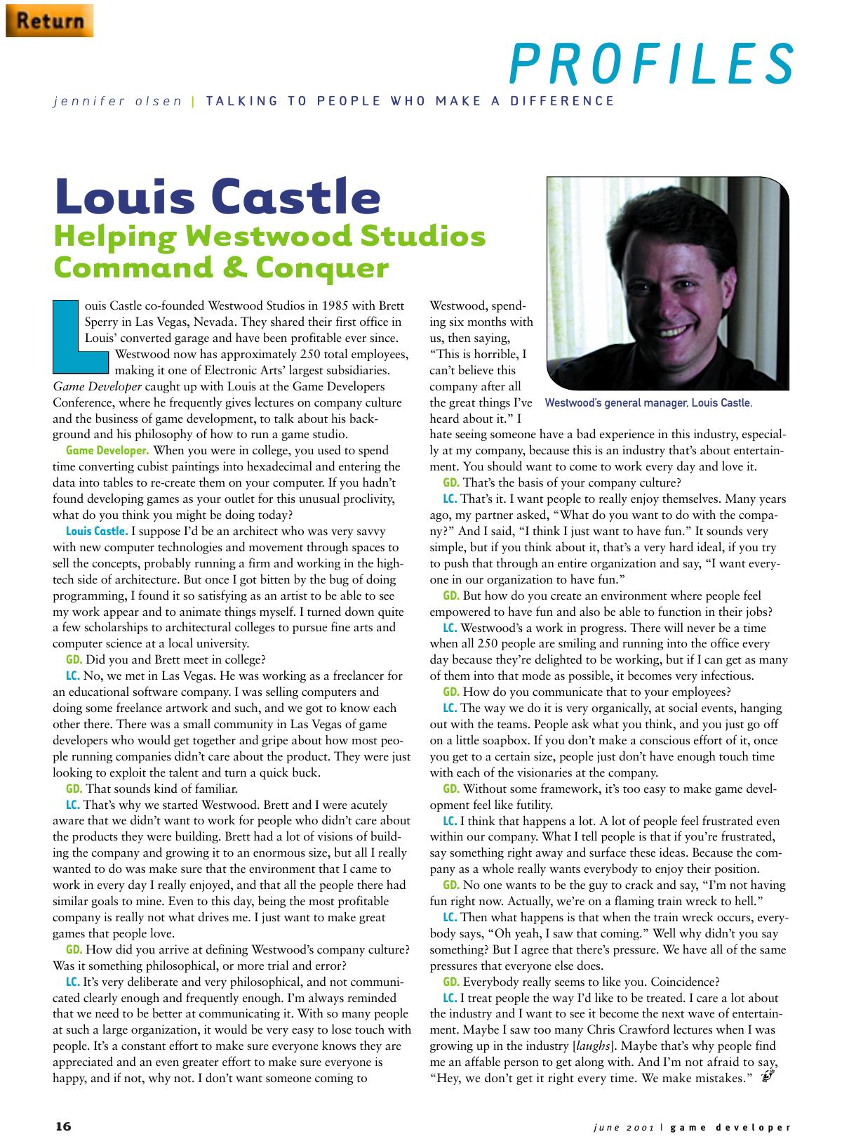 062001: Profiles: Louis Castle: Helping Westwood Studios Command & Conquer by Unknown