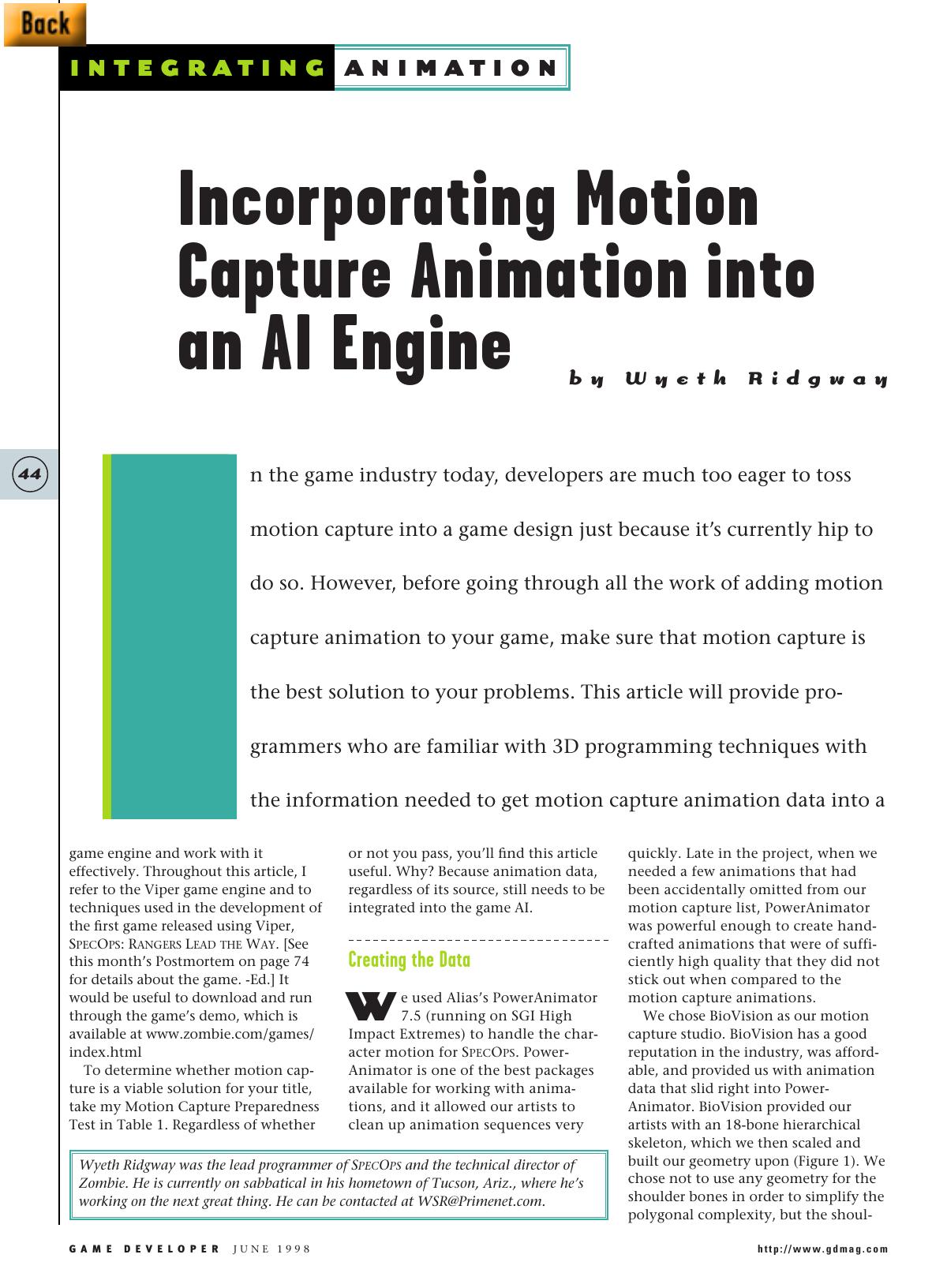 0698: Incorporating Motion Capture Animation into an AI Engine by Unknown