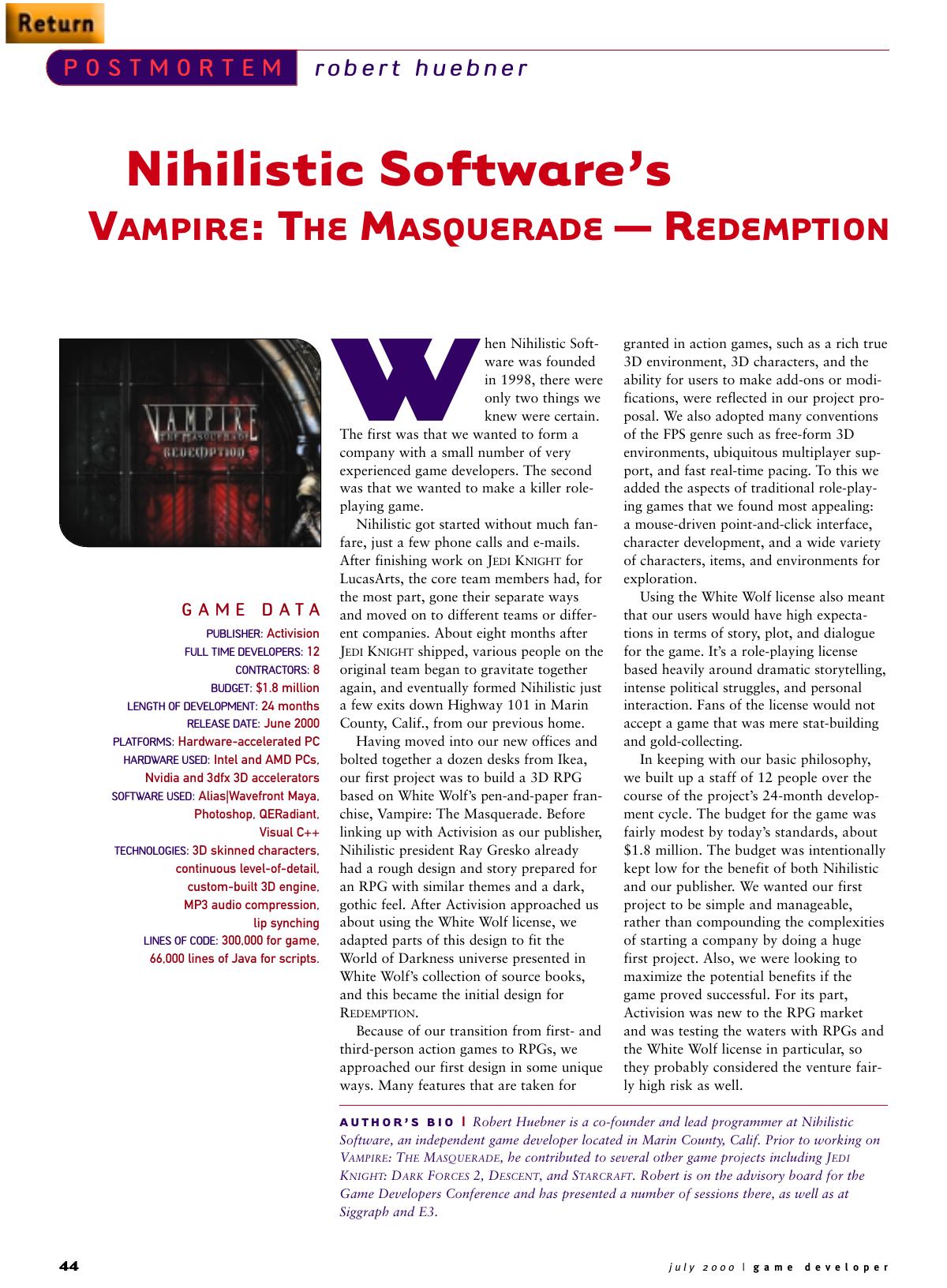 072000: Postmortem: Nihilistic Software's Vampire: The Masquerade - Redemption by Unknown