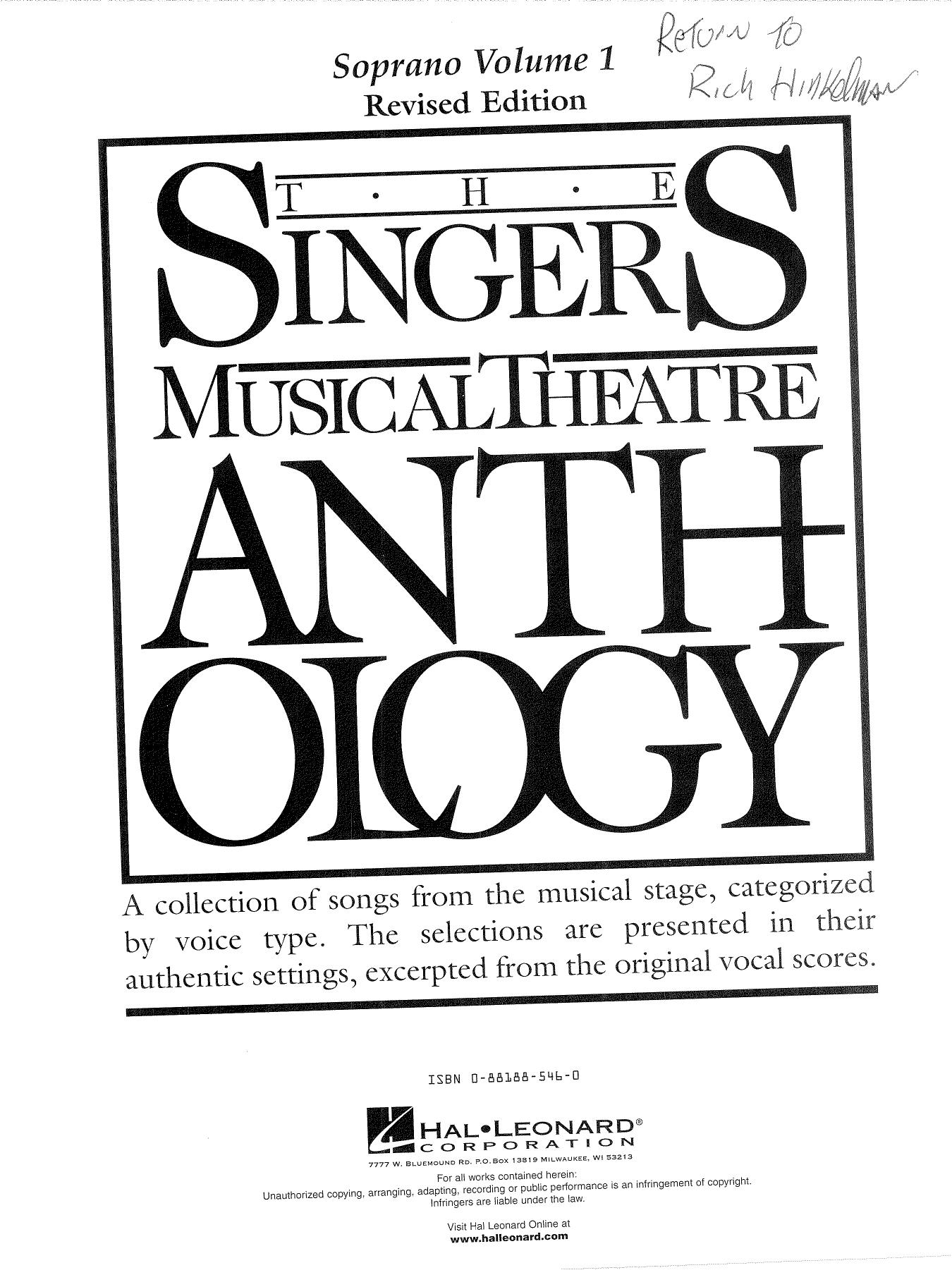 0834 - Singer's Musical Theatre Anthology, The by Soprano Volume 1