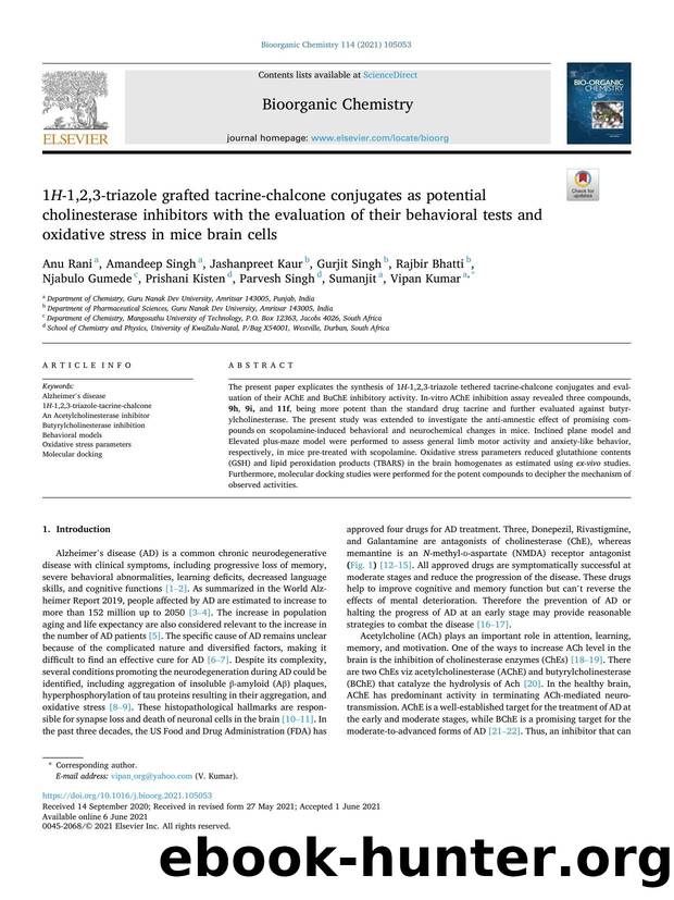 1 H -1,2,3-triazole grafted tacrine-chalcone conjugates as potential cholinesterase inhibitors with the evaluation of their behavioral tests and oxidative stress in mice brain cells by unknow