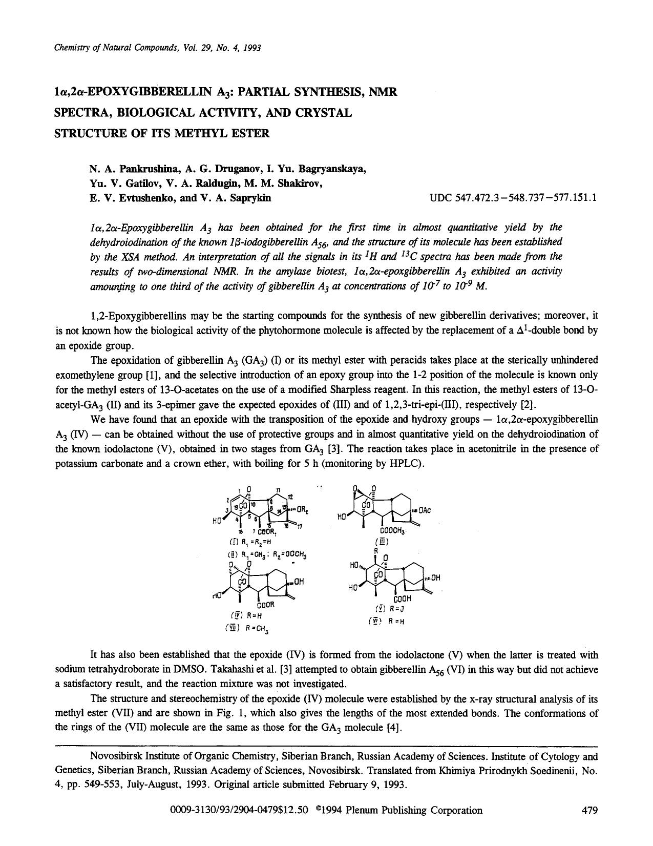 1&#x03B1;,2&#x03B1;-Epoxygibberellin A <Subscript>3 <Subscript>: Partial synthesis, NMR spectra, biological activity, and crystal structure of its methyl ester by Unknown