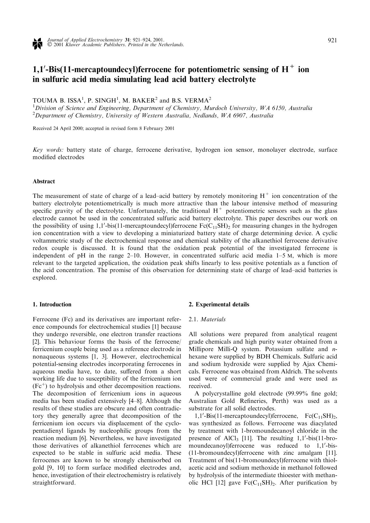 1,1′-Bis(11-mercaptoundecyl)ferrocene for potentiometric sensing of H+ ion in sulfuric acid media simulating lead acid battery electrolyte by Unknown