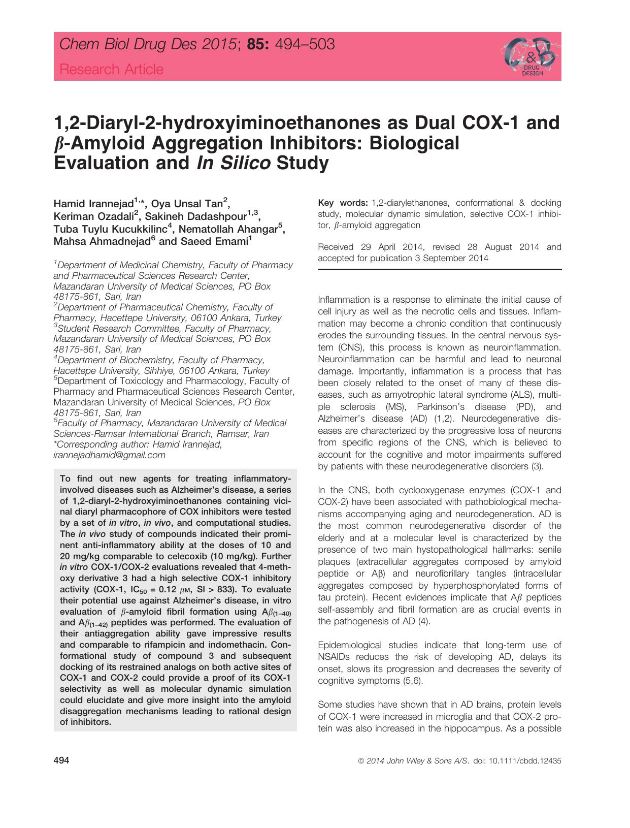 1,2‐Diaryl‐2‐hydroxyiminoethanones as Dual COX‐1 and β‐Amyloid Aggregation Inhibitors: Biological Evaluation and In Silico Study by unknow