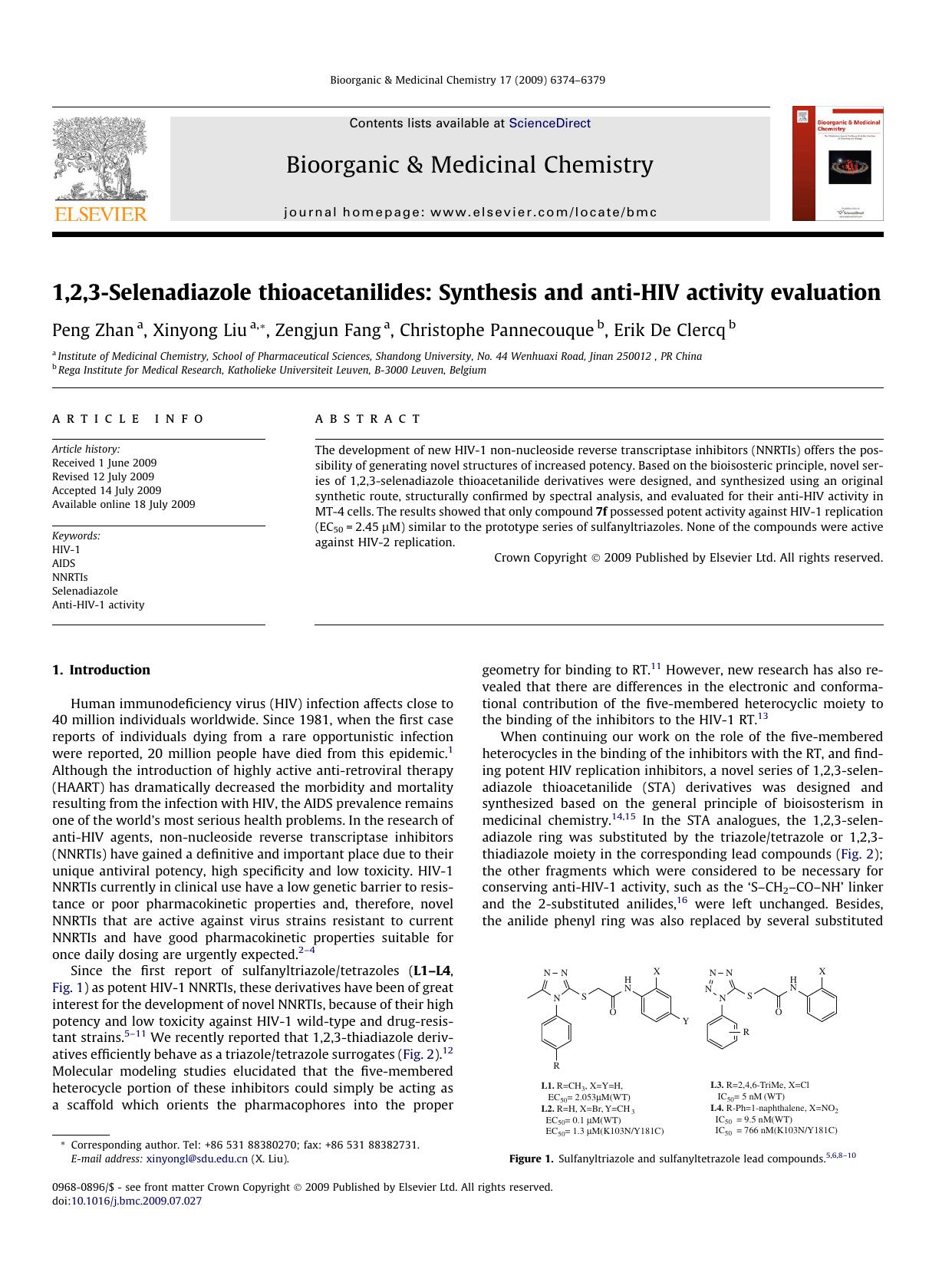 1,2,3-Selenadiazole thioacetanilides: Synthesis and anti-HIV activity evaluation by Peng Zhan; Xinyong Liu; Zengjun Fang; Christophe Pannecouque; Erik De Clercq