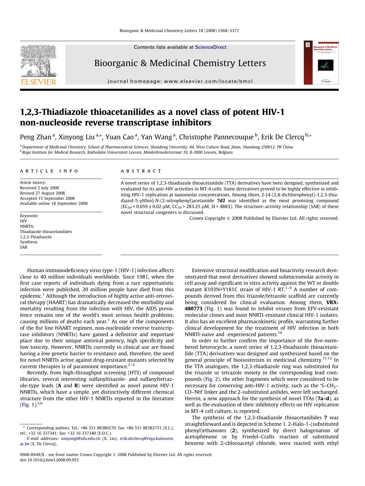 1,2,3-Thiadiazole thioacetanilides as a novel class of potent HIV-1 non-nucleoside reverse transcriptase inhibitors by Peng Zhan; Xinyong Liu; Yuan Cao; Yan Wang; Christophe Pannecouque; Erik De Clercq