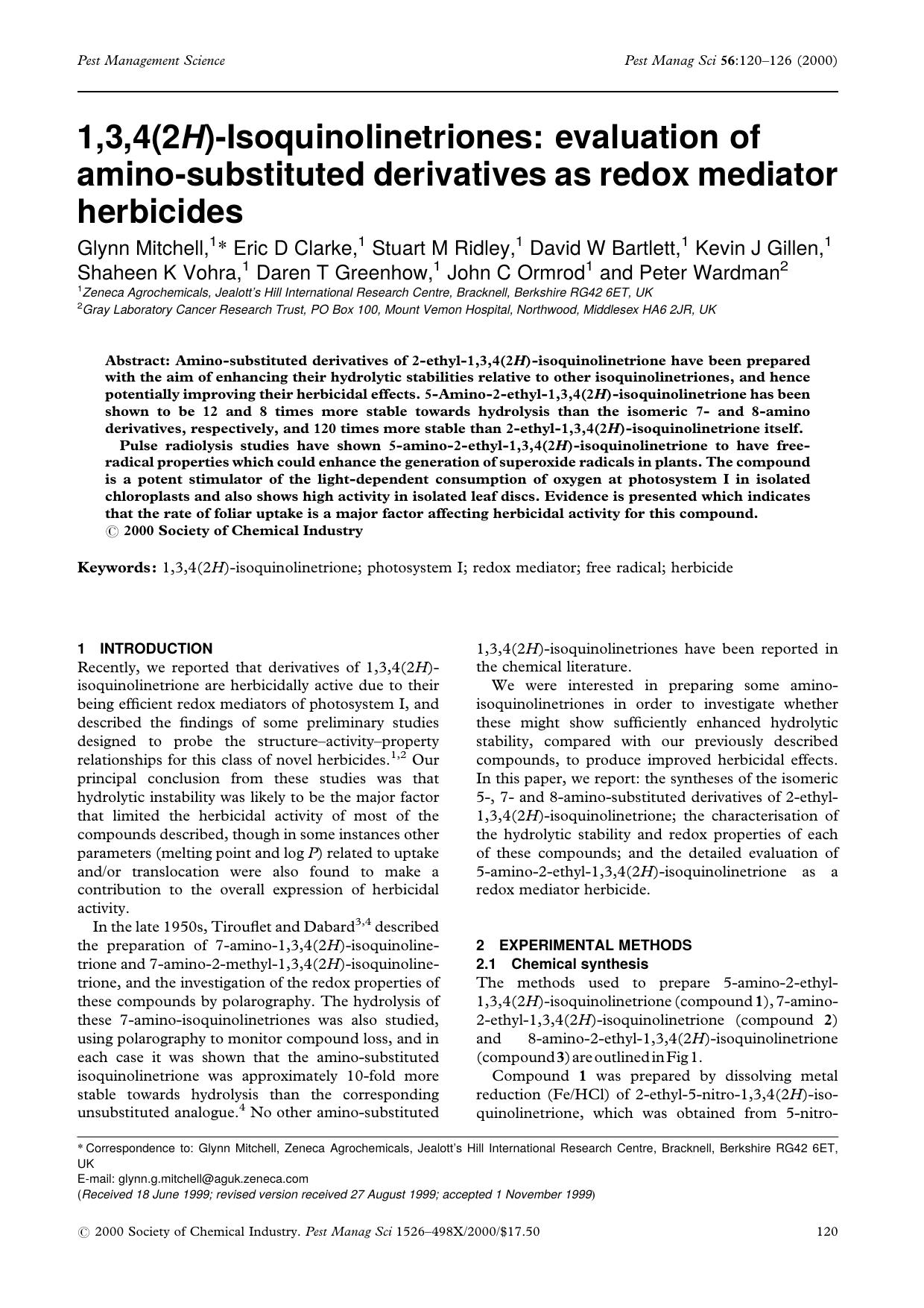 1,3,4(2H)-Isoquinolinetriones: evaluation of amino-substituted derivatives as redox mediator herbicides by Unknown