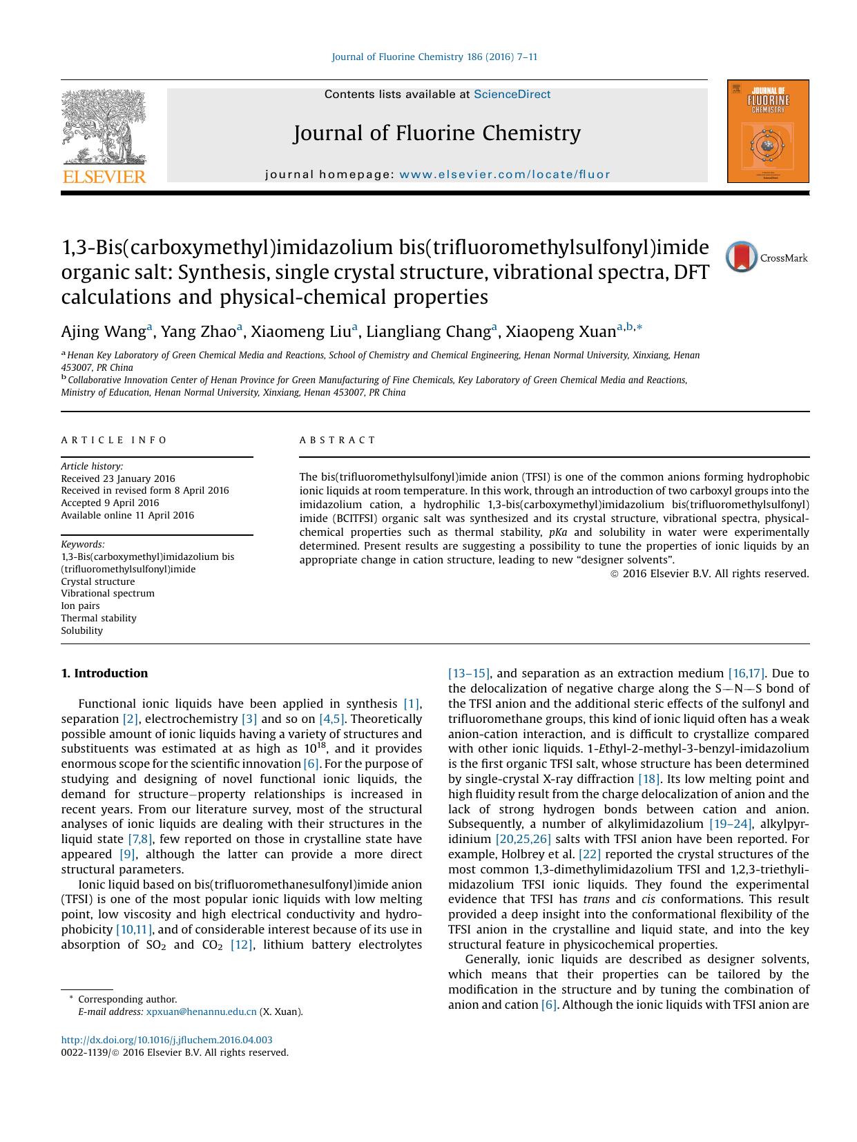 1,3-Bis(carboxymethyl)imidazolium bis(trifluoromethylsulfonyl)imide organic salt: Synthesis, single crystal structure, vibrational spectra, DFT calculations and physical-chemical properties by Ajing Wang & Yang Zhao & Xiaomeng Liu & Liangliang Chang & Xiaopeng Xuan