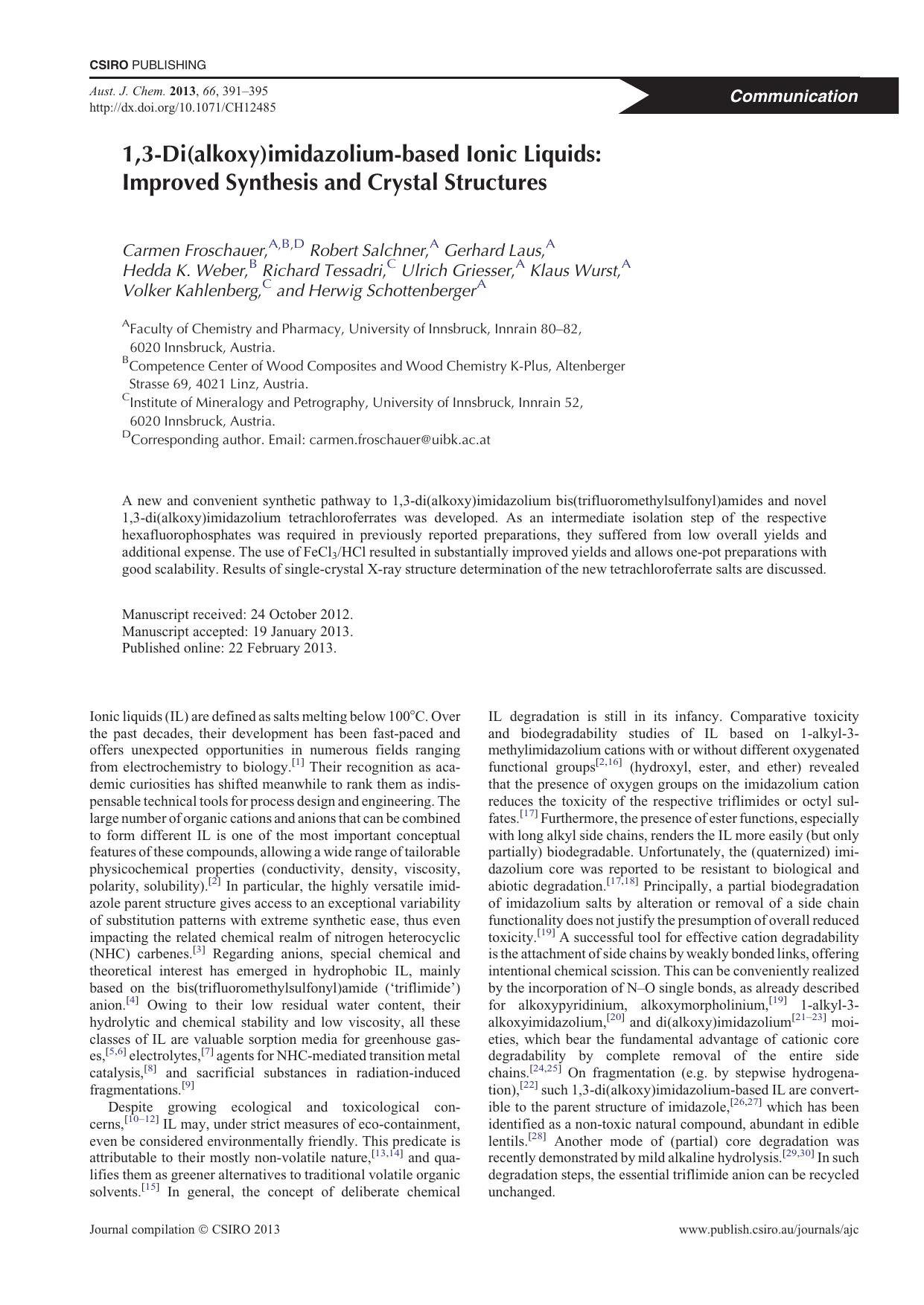 1,3-Di(alkoxy)imidazolium-based Ionic Liquids: Improved Synthesis and Crystal Structures by C. Froschauer et al