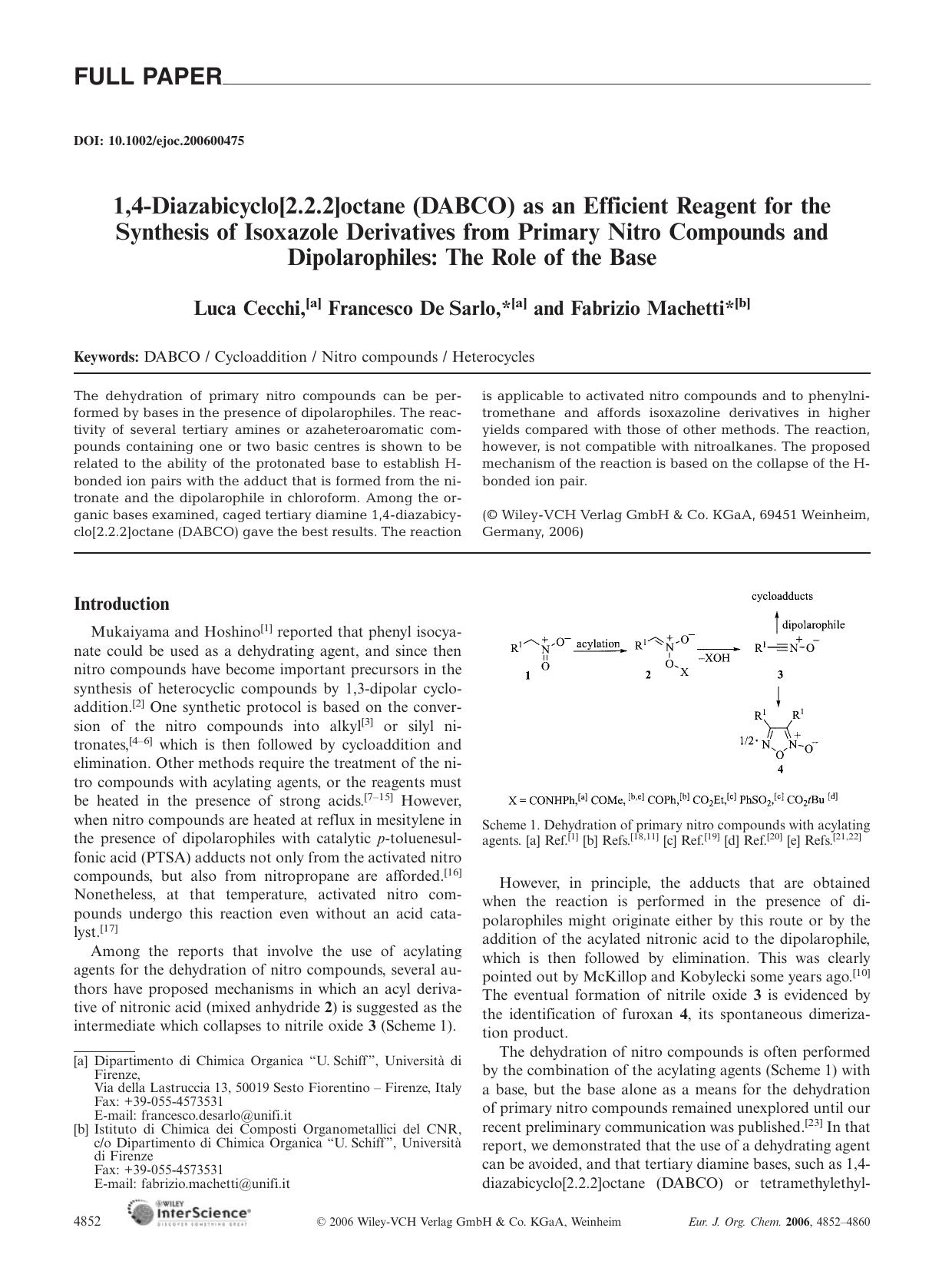 1,4-Diazabicyclo[2.2.2]octane (DABCO) as an Efficient Reagent for the Synthesis of Isoxazole Derivatives from Primary Nitro Compounds and Dipolarophiles: The Role of the Base by Unknown
