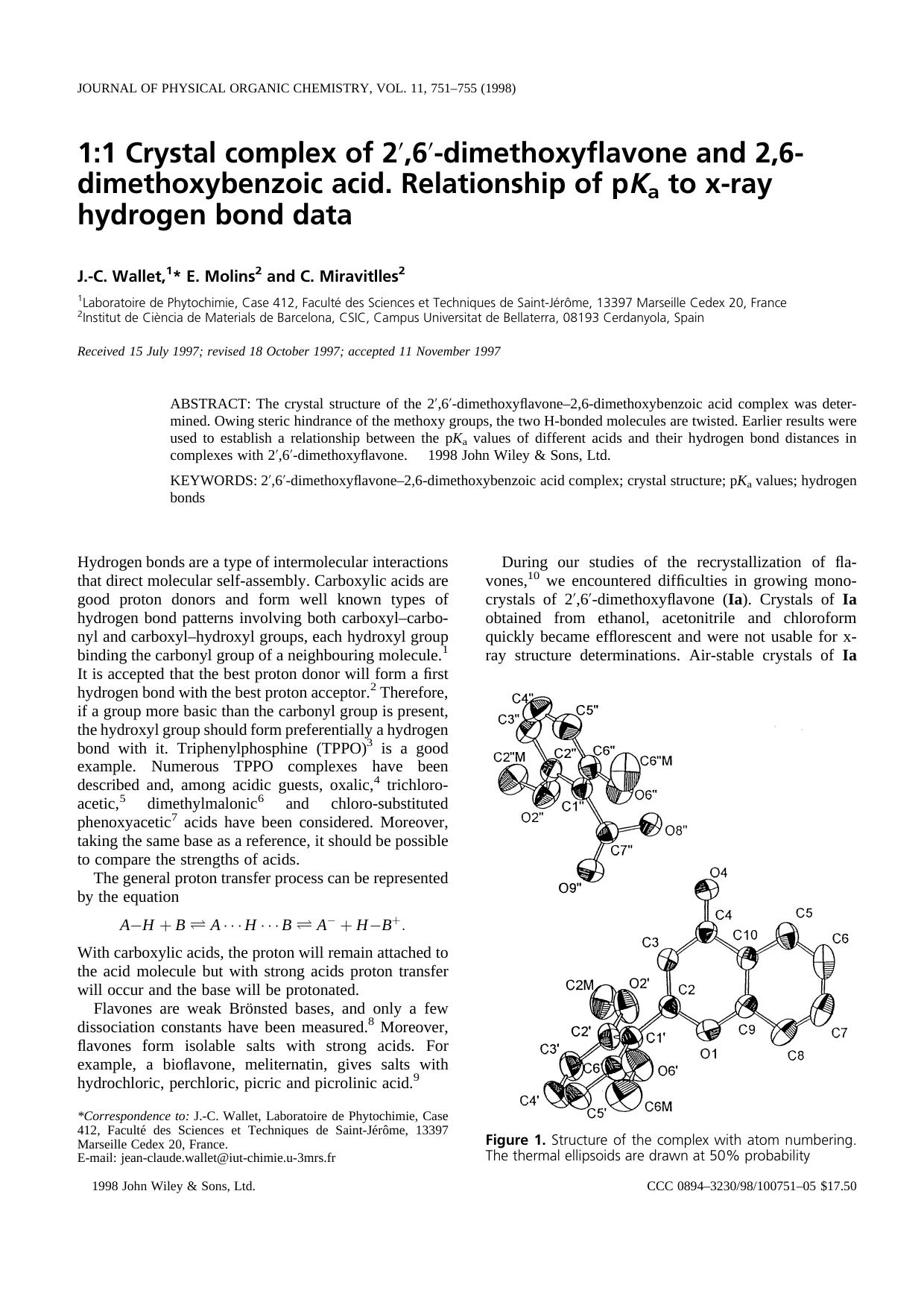 1:1 Crystal complex of 2[prime],6[prime]-dimethoxyflavone and 2,6-dimethoxybenzoic acid. Relationship of pKa to x-ray hydrogen bond data by Unknown