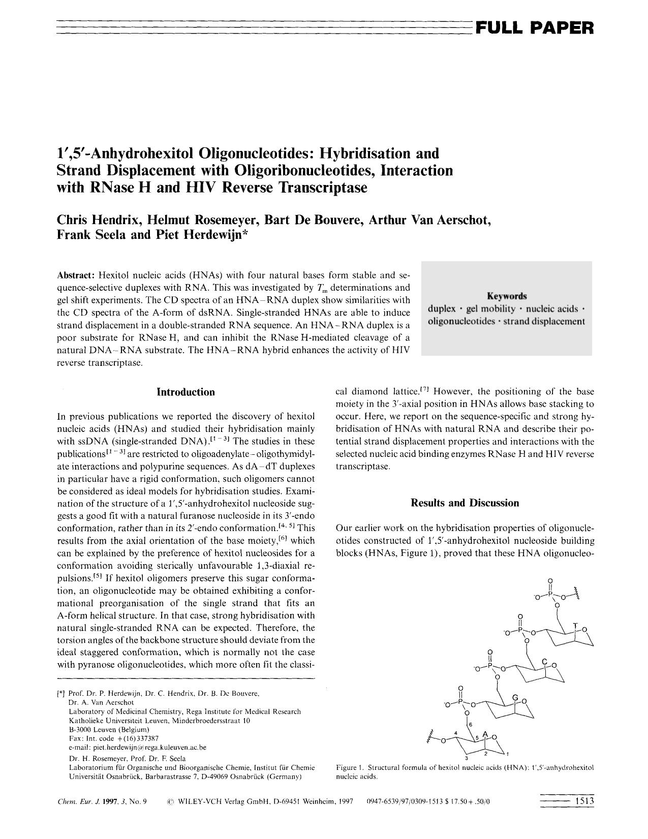 1[prime],5[prime]-Anhydrohexitol Oligonucleotides: Hybridisation and Strand Displacement with Oligoribonucleotides, Interaction with RNase H and HIV Reverse Transcriptase by Unknown