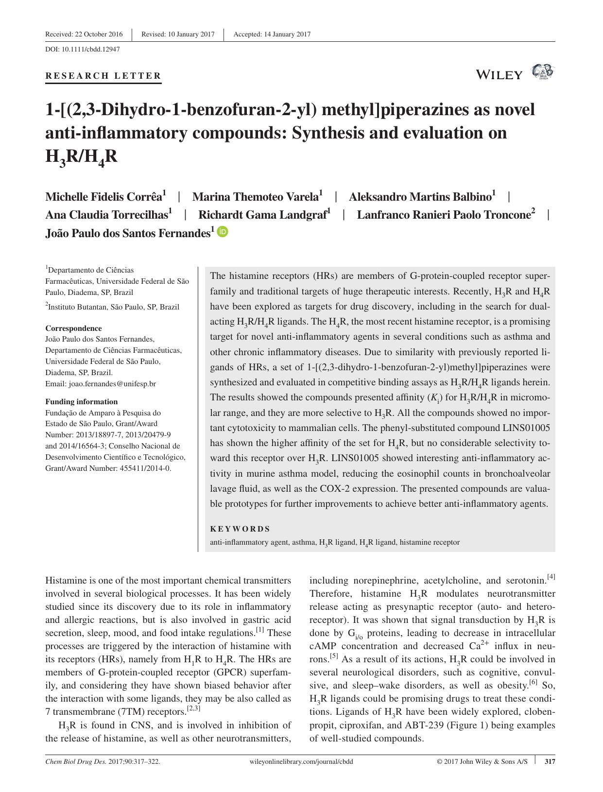 1‐[(2,3‐Dihydro‐1‐benzofuran‐2‐yl) methyl]piperazines as novel anti‐inflammatory compounds: Synthesis and evaluation on H3RH4R by unknow