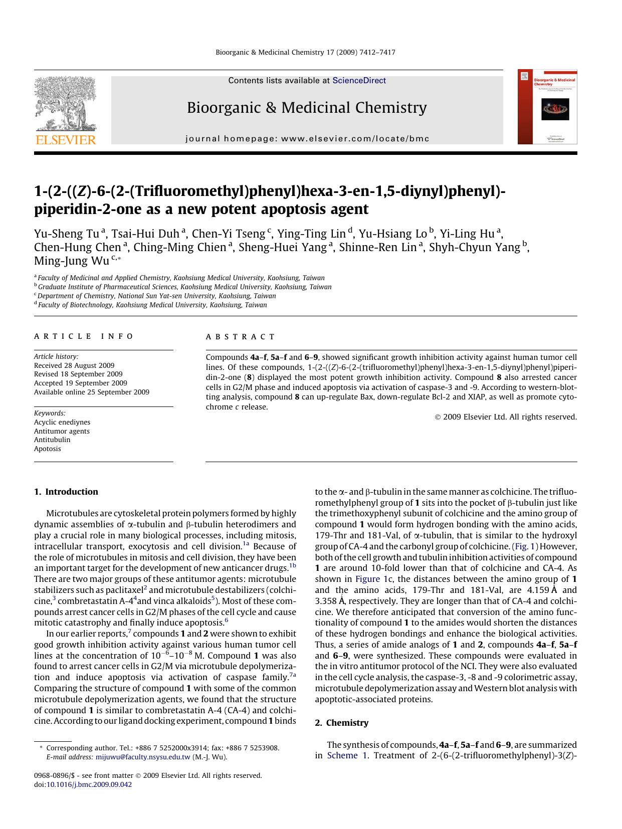 1-(2-((Z)-6-(2-(Trifluoromethyl)phenyl)hexa-3-en-1,5-diynyl)phenyl)piperidin-2-one as a new potent apoptosis agent by unknow