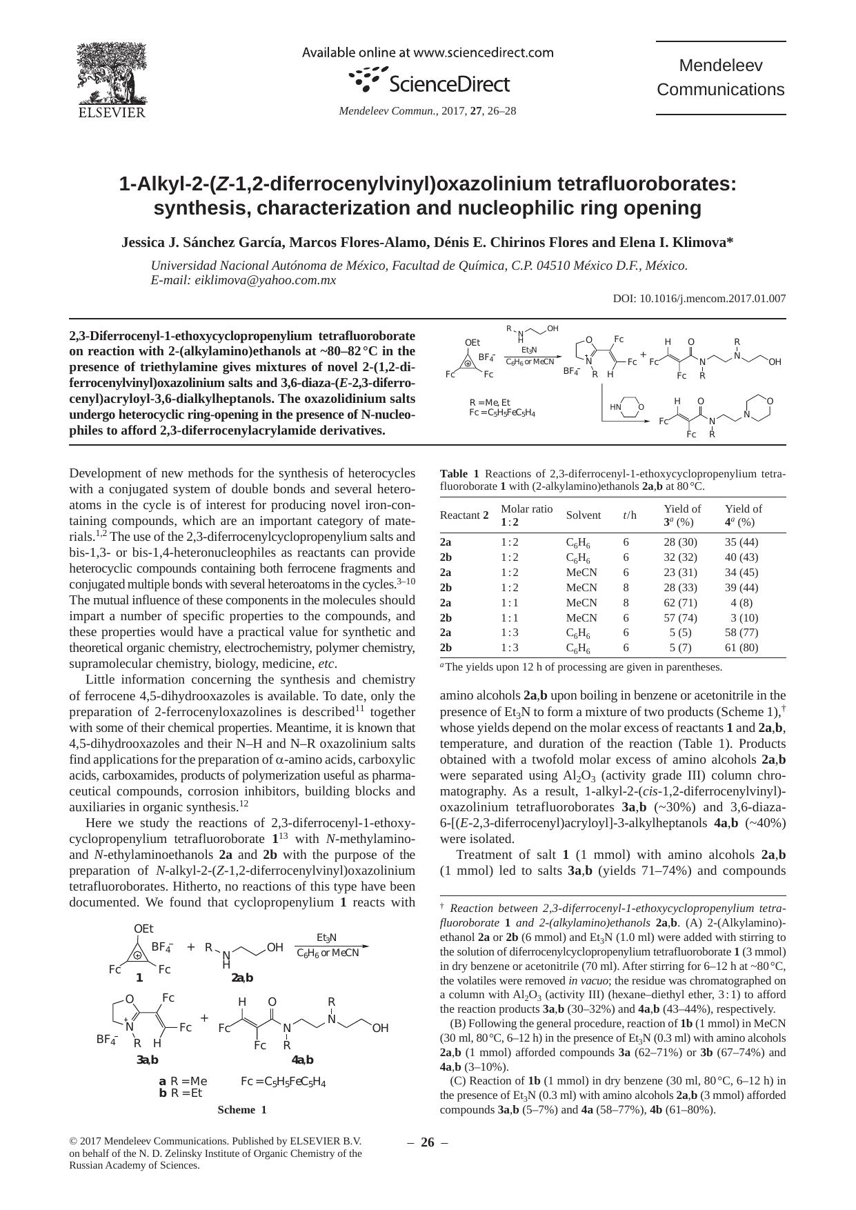 1-Alkyl-2-(Z-1,2-diferrocenylvinyl)oxazolinium tetrafluoroborates: synthesis, characterization and nucleophilic ring opening by Jessica J. Sánchez García & Marcos Flores-Alamo & Dénis E. Chirinos Flores & Elena I. Klimova