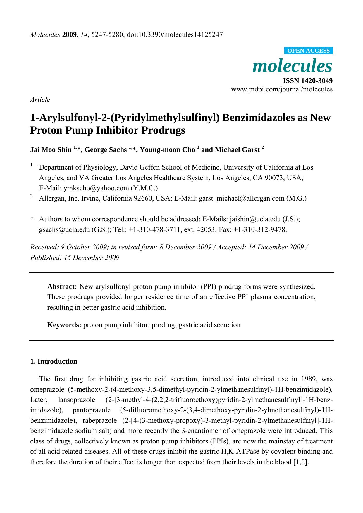 1-Arylsulfonyl-2-(Pyridylmethylsulfinyl) Benzimidazoles as New Proton Pump Inhibitor Prodrugs by Jai Moo Shin & George Sachs & Young-moon Cho & Michael Garst