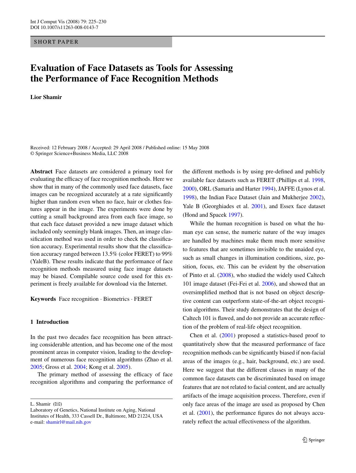 1-Evaluation of Face Datasets as Tools for Assessing the Performance of Face Recognition Methods by Unknown