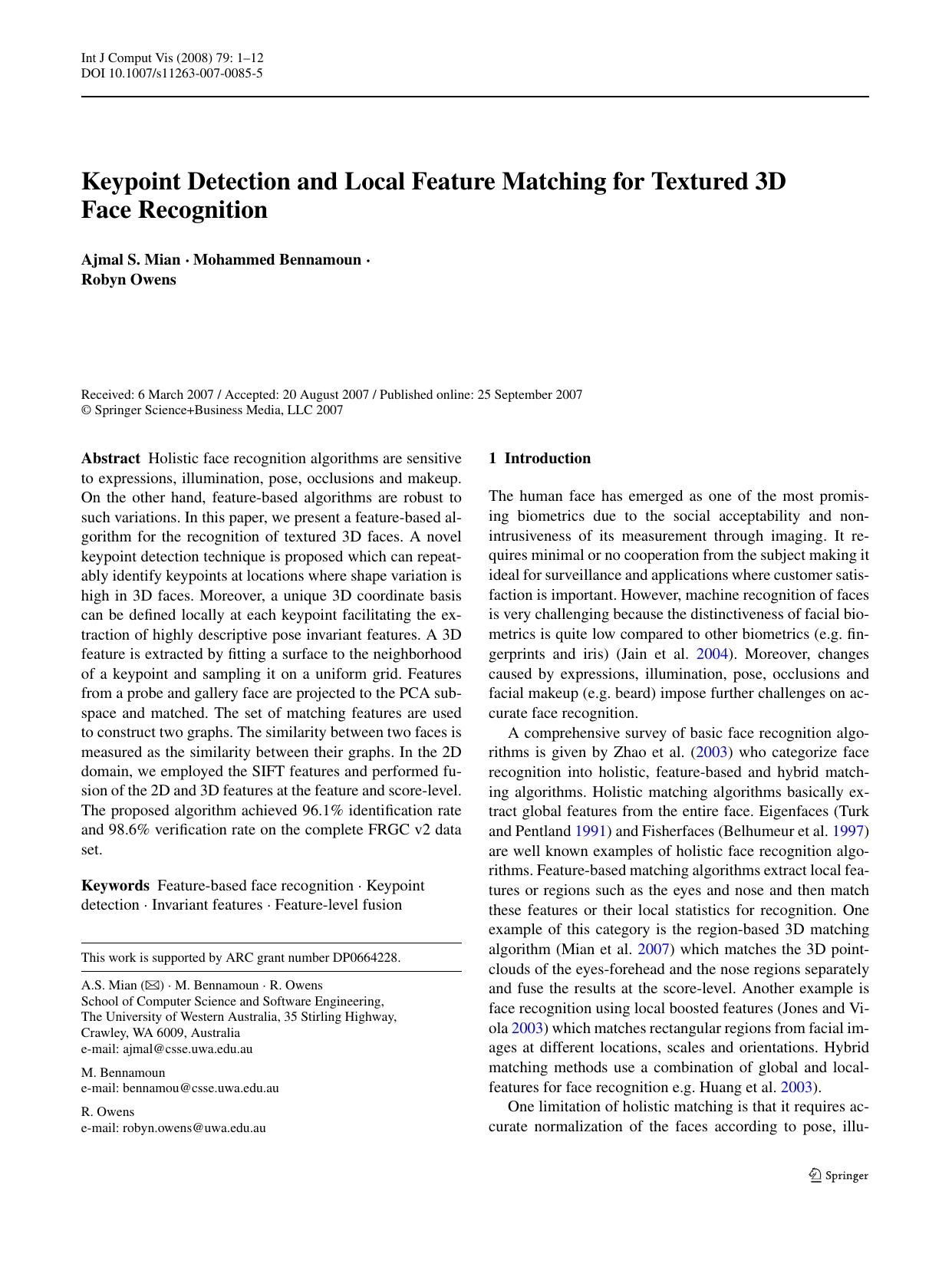 1-Keypoint Detection and Local Feature Matching for Textured 3D Face Recognition by Unknown