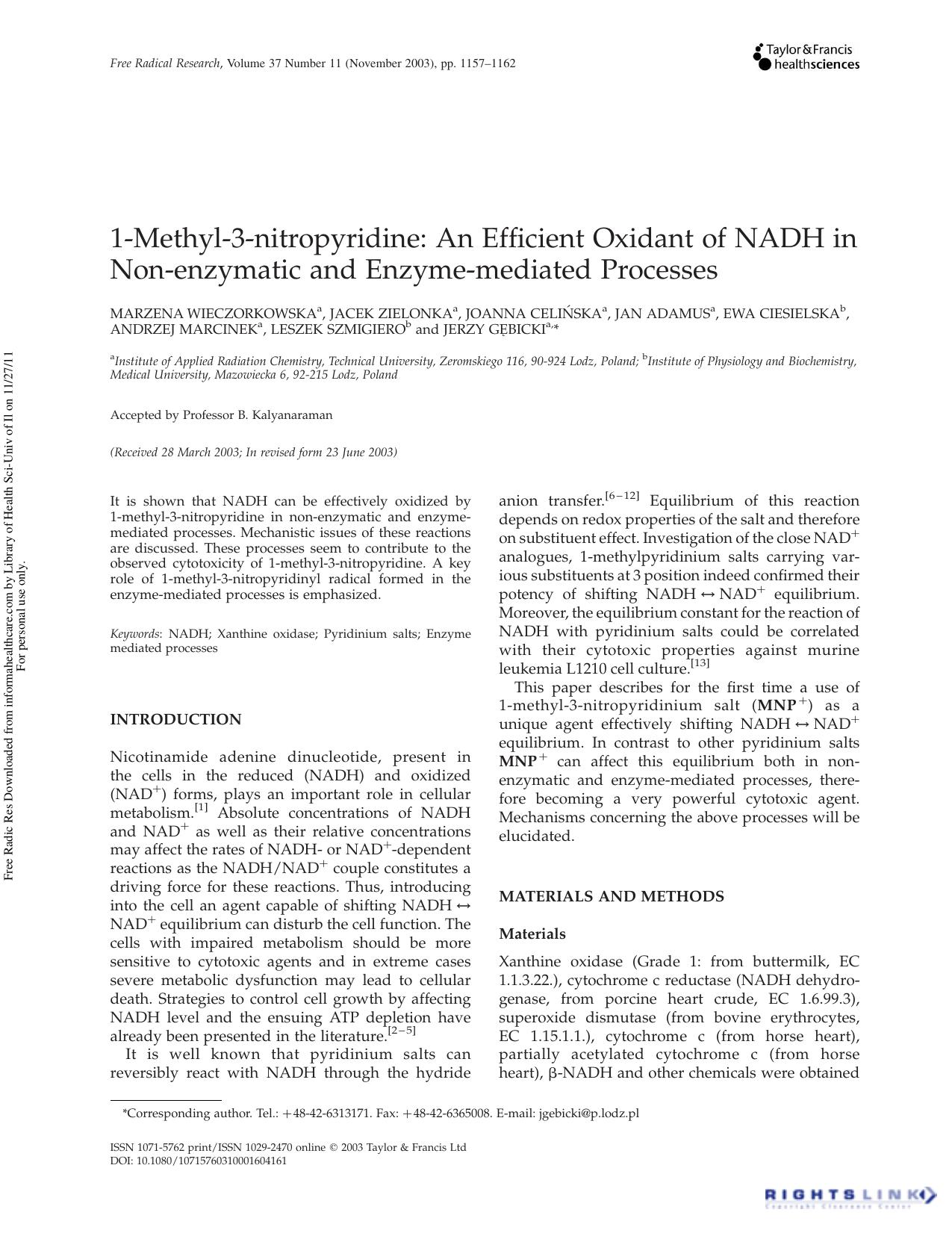 1-Methyl-3-nitropyridine: An Efficient Oxidant of NADH in Non-enzymatic and Enzyme-mediated Processes by unknow