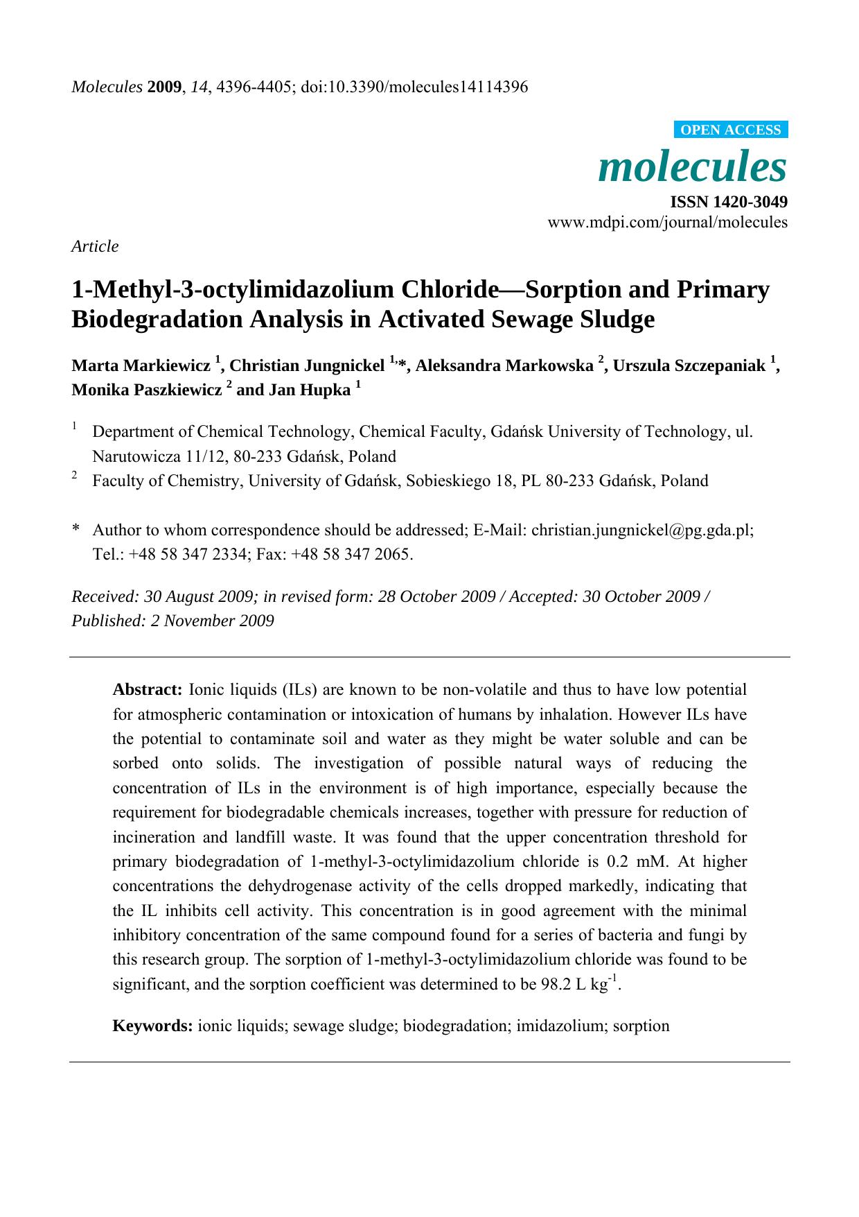 1-Methyl-3-octylimidazolium ChlorideâSorption and Primary Biodegradation Analysis in Activated Sewage Sludge by unknow