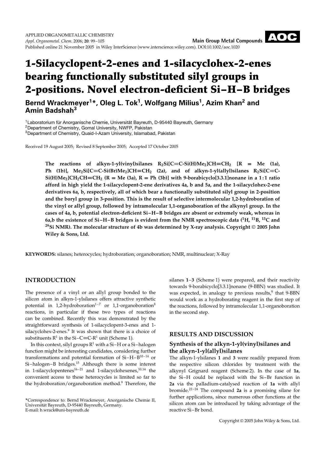 1-Silacyclopent-2-enes and 1-silacyclohex-2-enes bearing functionally substituted silyl groups in 2-positions. Novel electron-deficient Si[bond]H[bond]B bridges by Unknown