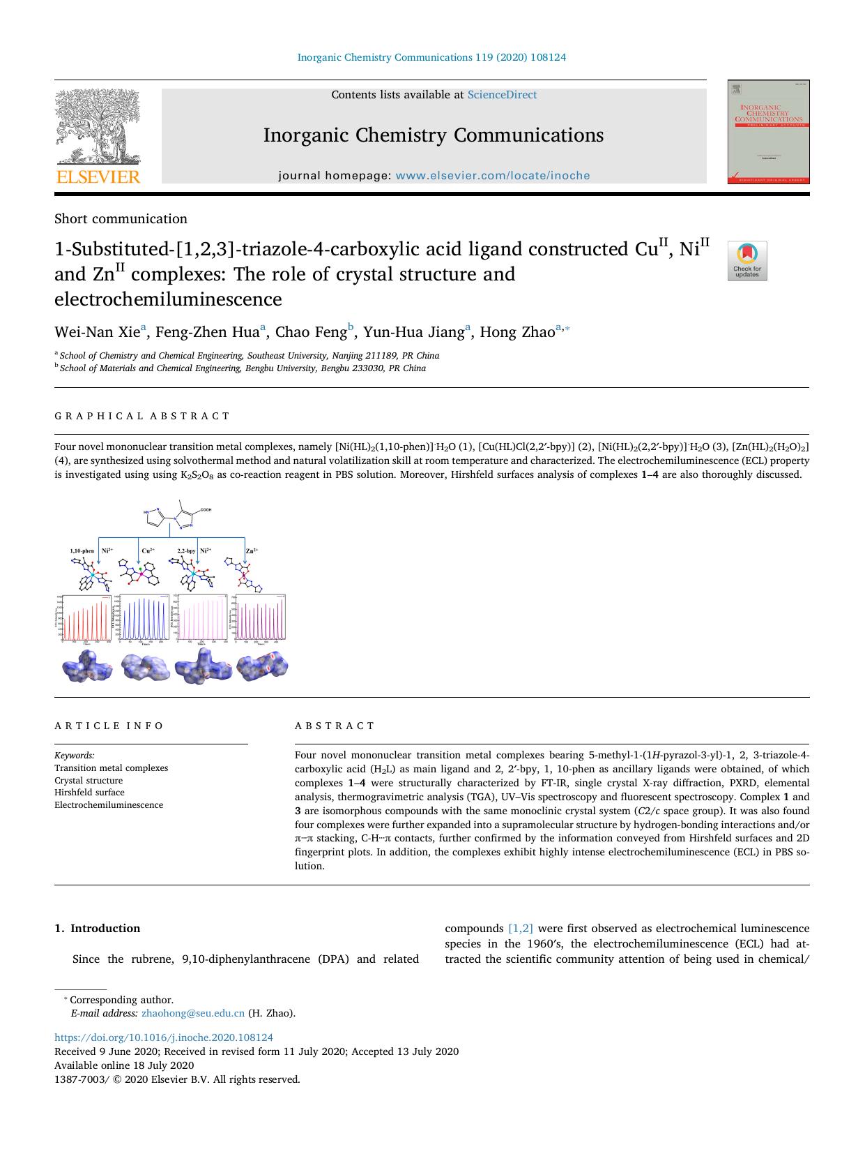1-Substituted-[1,2,3]-triazole-4-carboxylic acid ligand constructed CuII, NiII and ZnII complexes_ The role of crystal structure and electrochemiluminescence by Wei-Nan Xie & Feng-Zhen Hua & Chao Feng & Yun-Hua Jiang & Hong Zhao