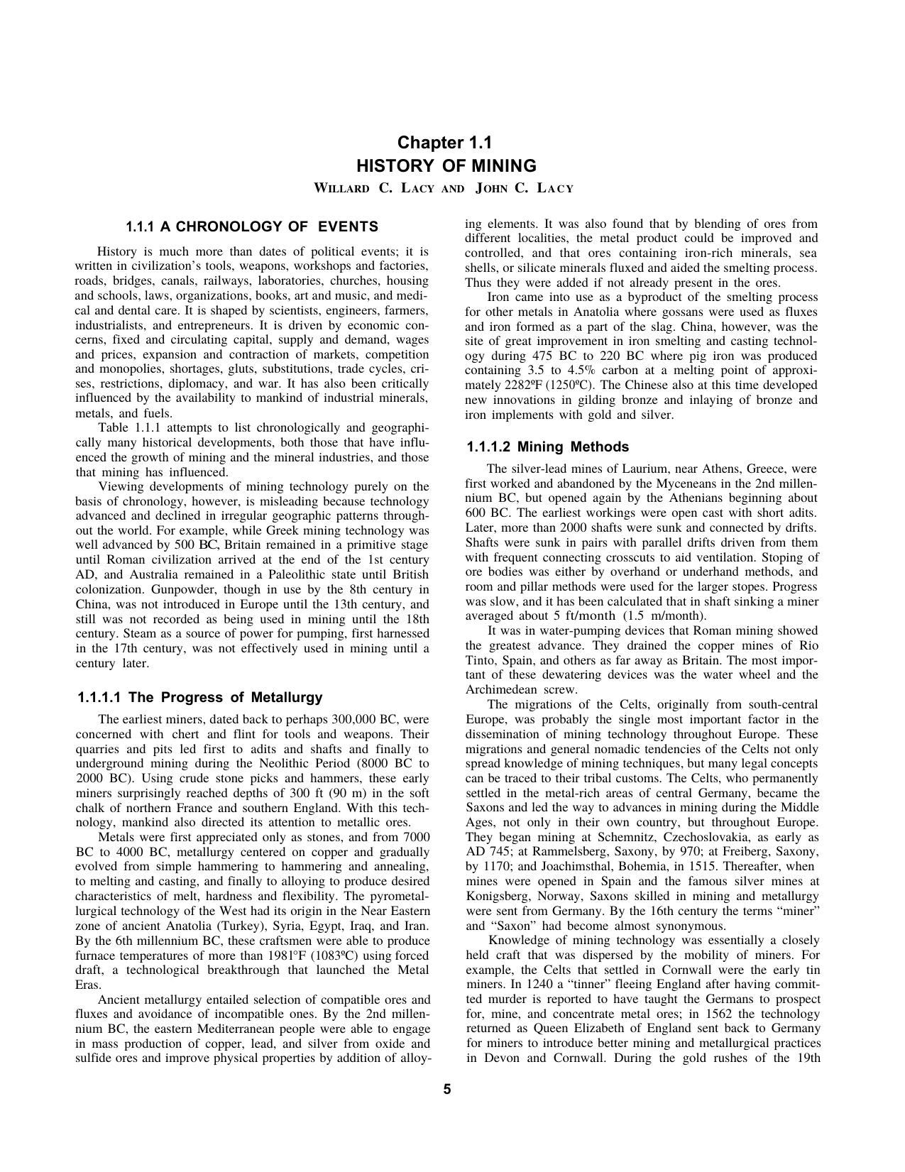 1.1 History of Mining by Society for Mining Metallurgy & Exploration Inc